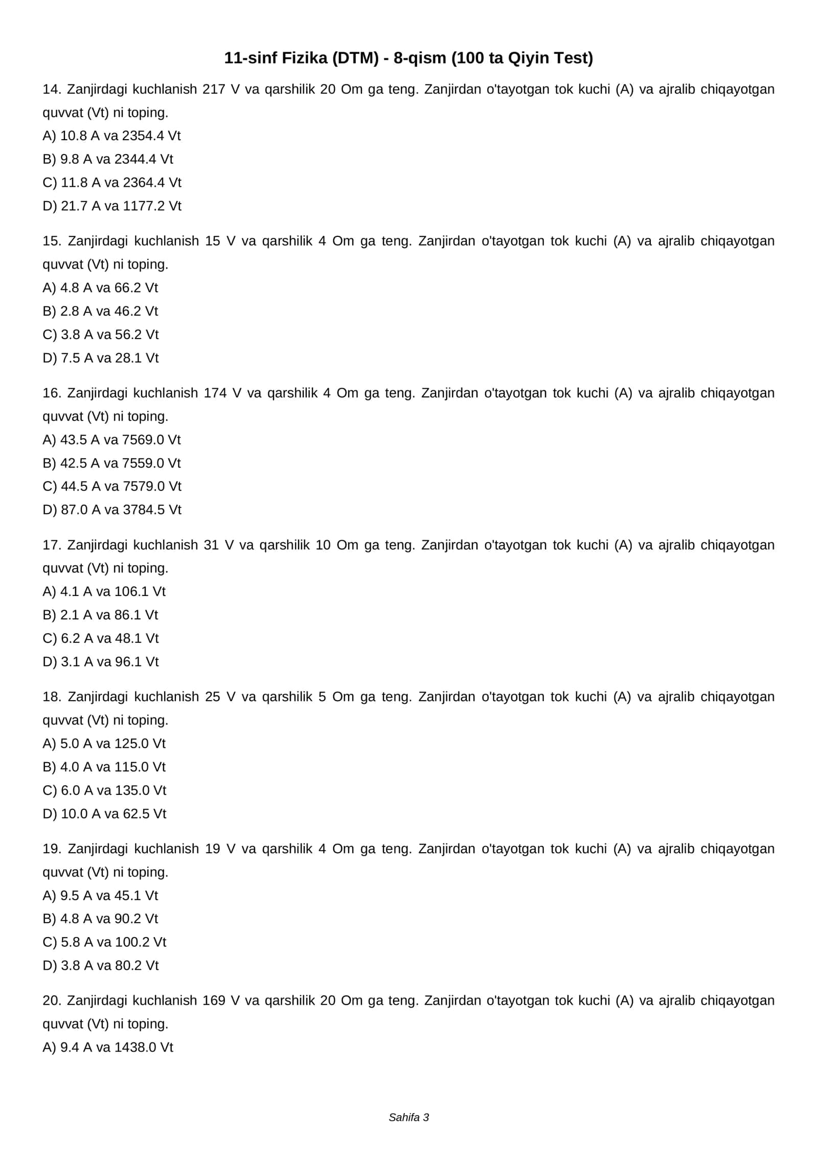 11-sinf Fizika (DTM) - 8-qism (100 ta Qiyin Test) 3