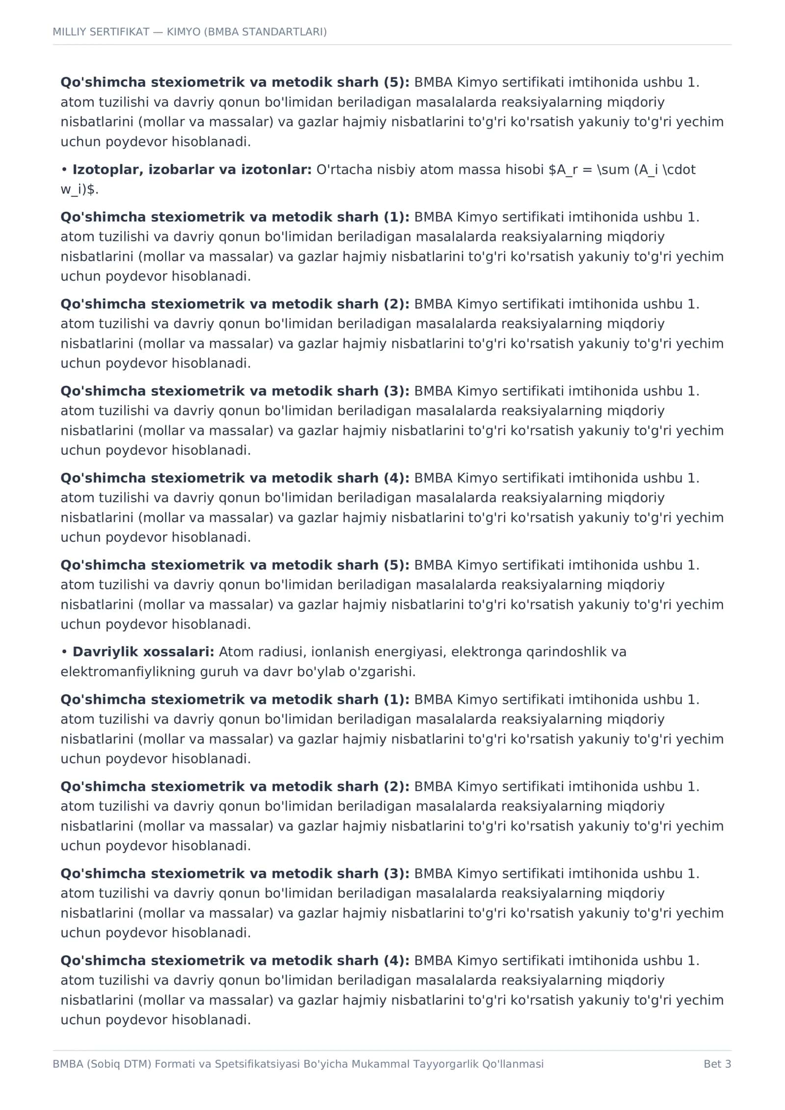 KIMYO MUKAMMAL ENSIKLOPEDIK TAYYORGARLIK QO'LLANMASI VA 100 TA SPETSIFIKATSION TEST 3