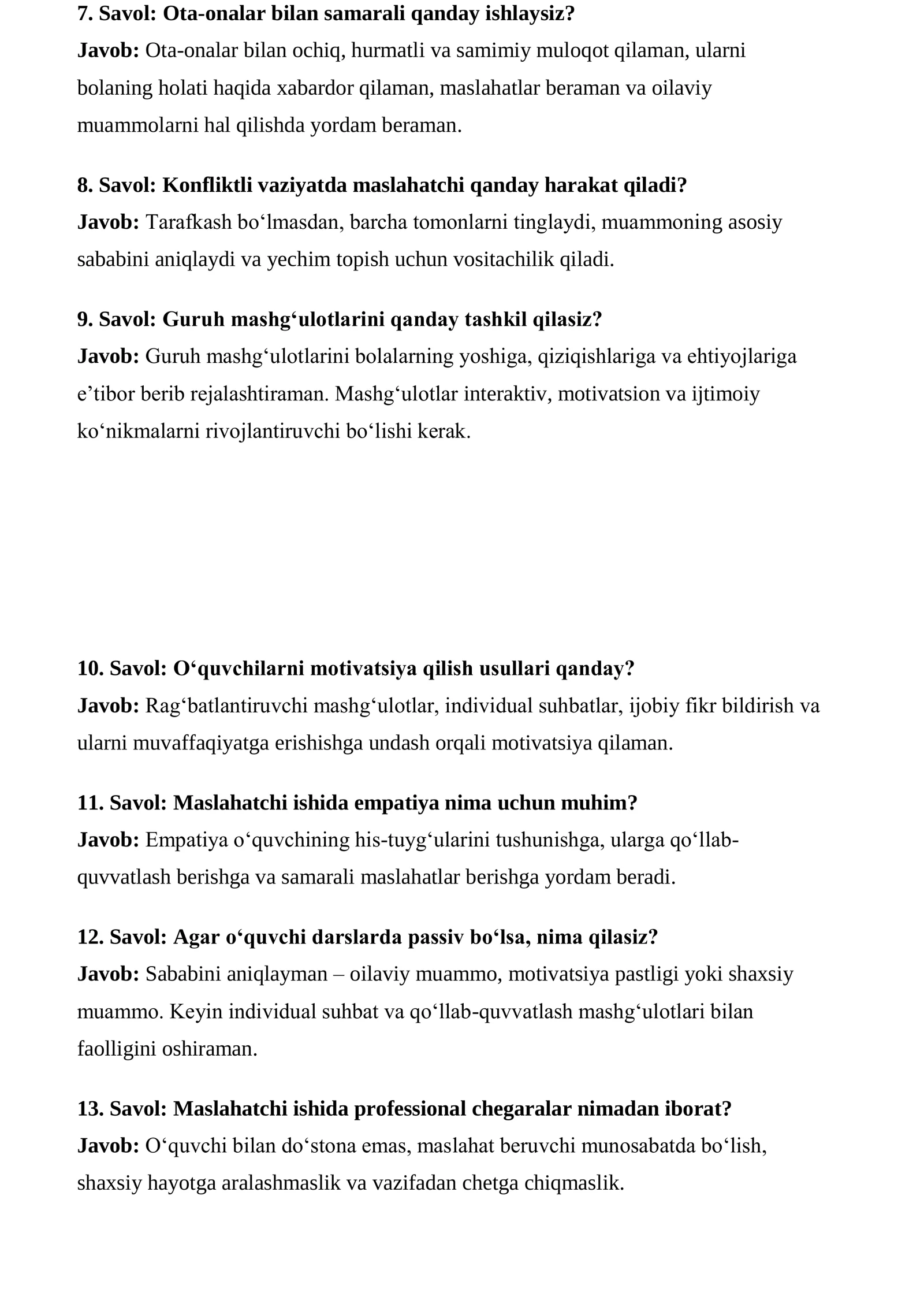 Maktab maslahatchisi suhbat savollari va javoblari 3