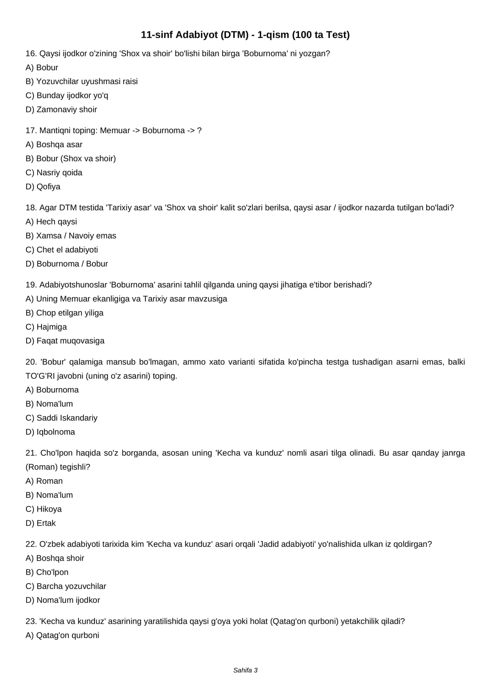 11-sinf Adabiyot (DTM) - 1-qism (100 ta Test) 3