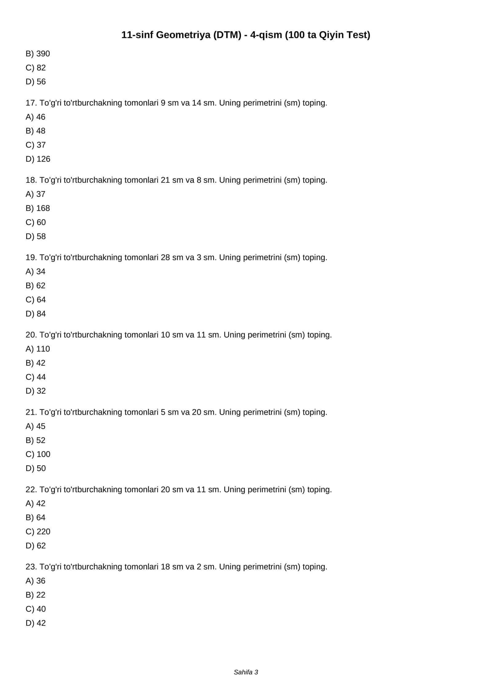 11-sinf Geometriya (DTM) - 4-qism (100 ta Qiyin Test) 3