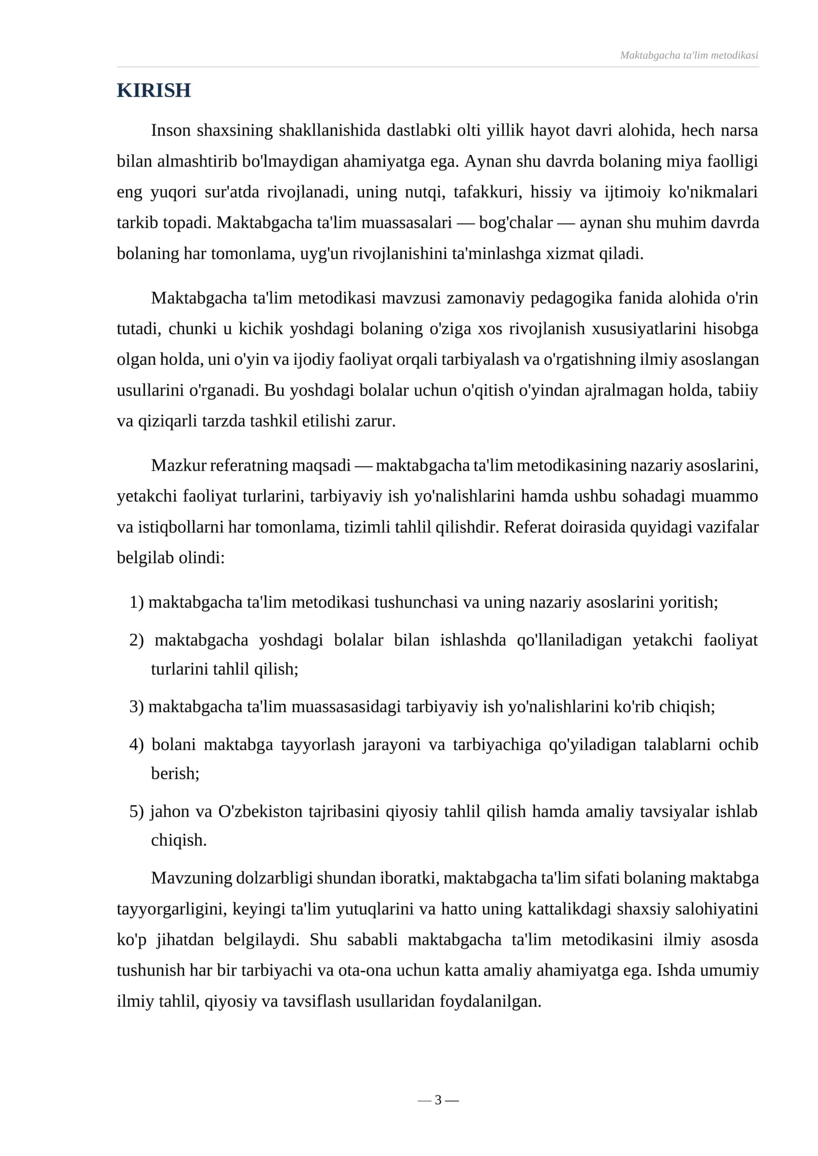 REFERAT
MAVZU MAKTABGACHA TA'LIM METODIKASI 3