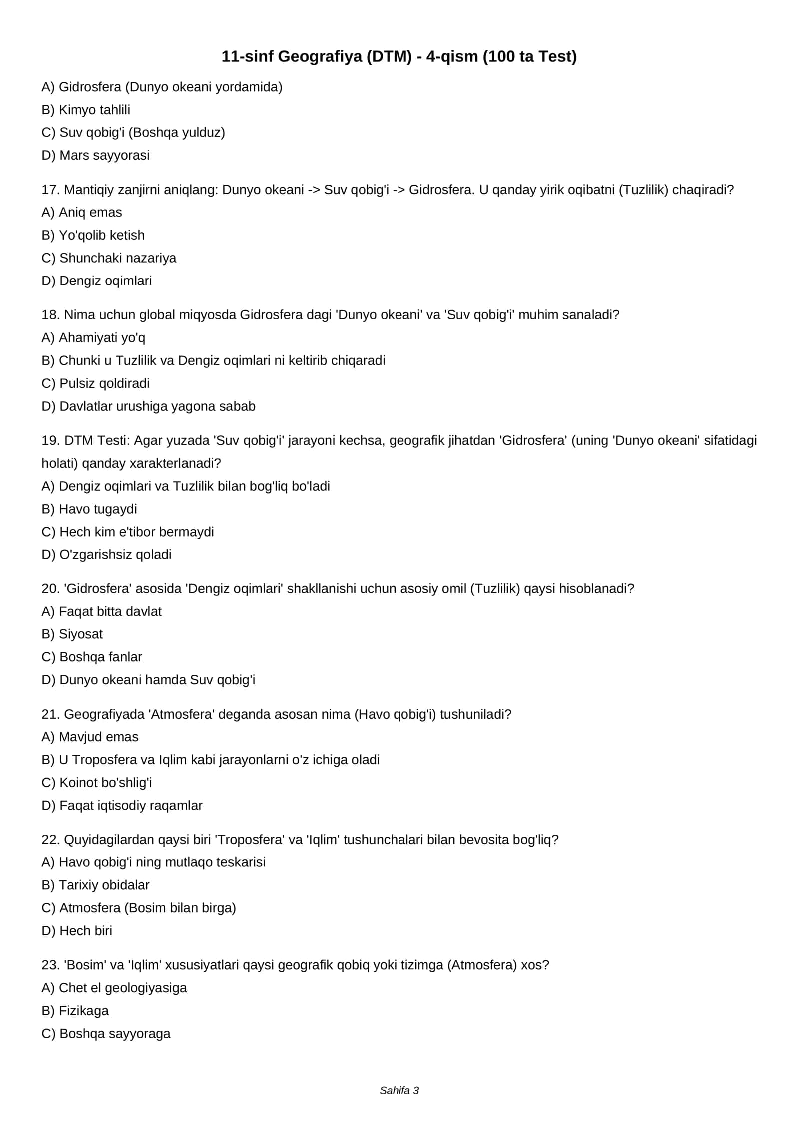11-sinf Geografiya (DTM) - 4-qism (100 ta Test) 3
