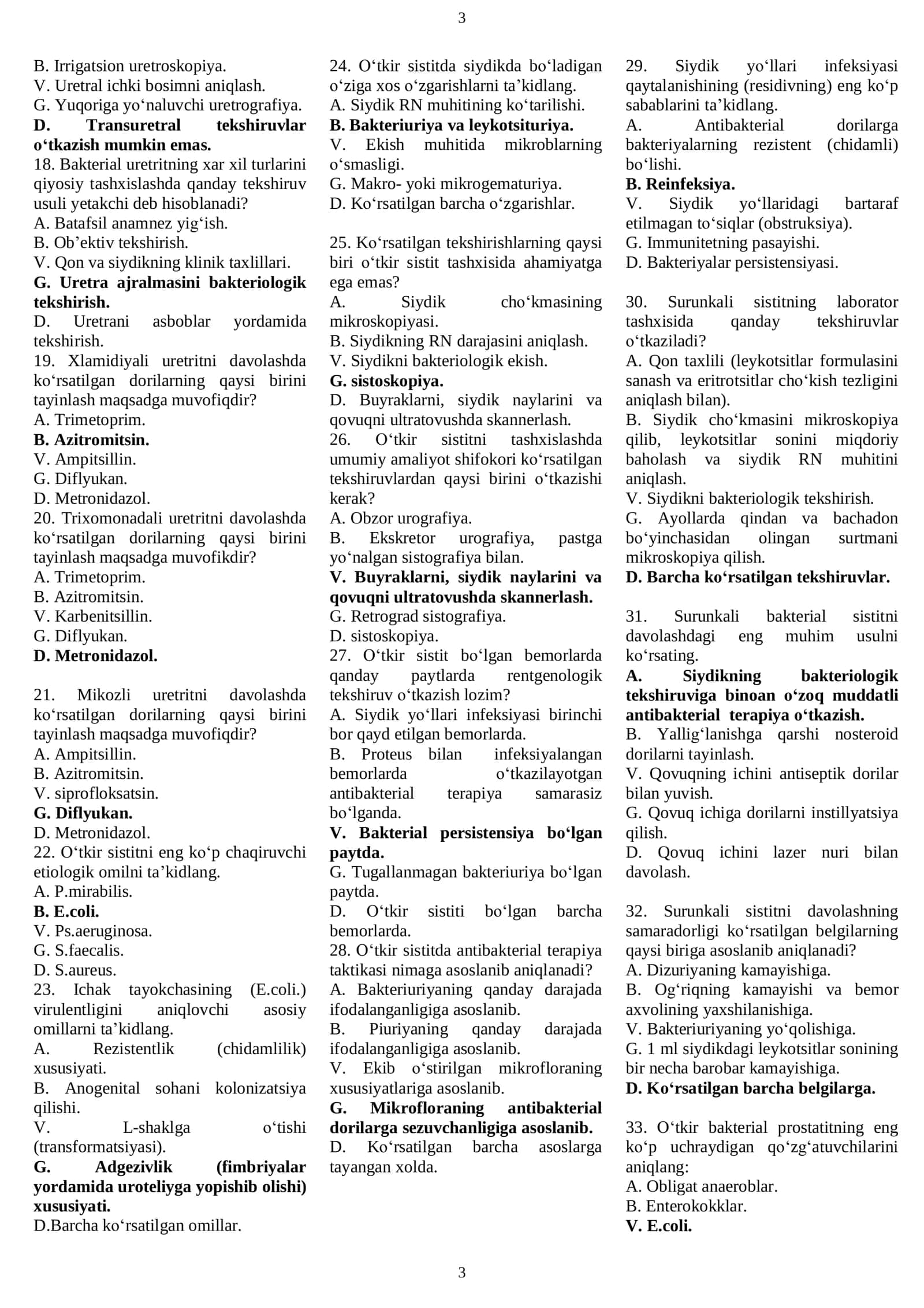 UROLOGIYA FANIDAN MAGISTRATURA VA ORDINATURAGA KIRUVChILAR UChUN TEST  2026 YIL 3