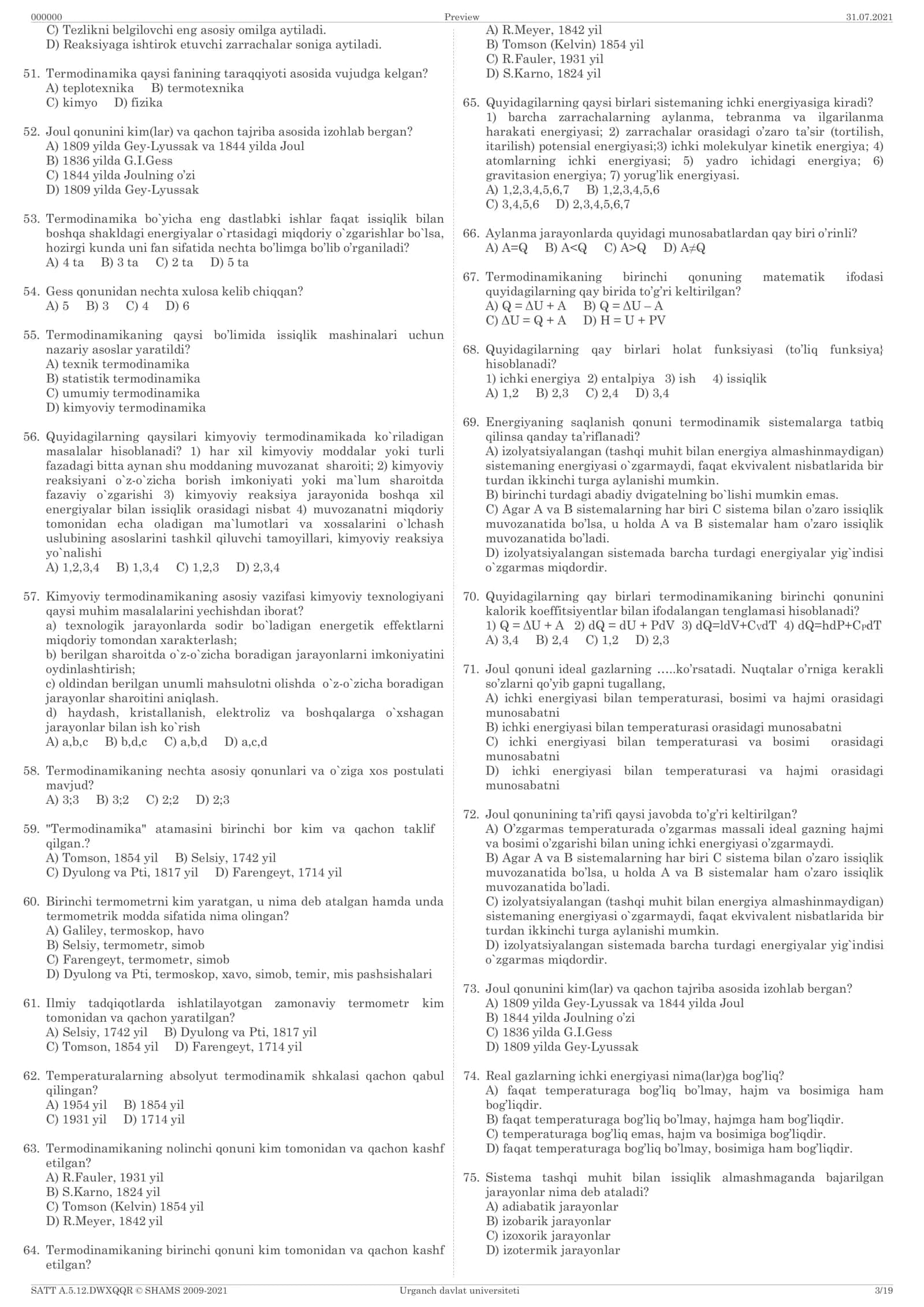 M.V.Lomonosovning Kimyo fanlarini o`rganishga oid test savollari 3