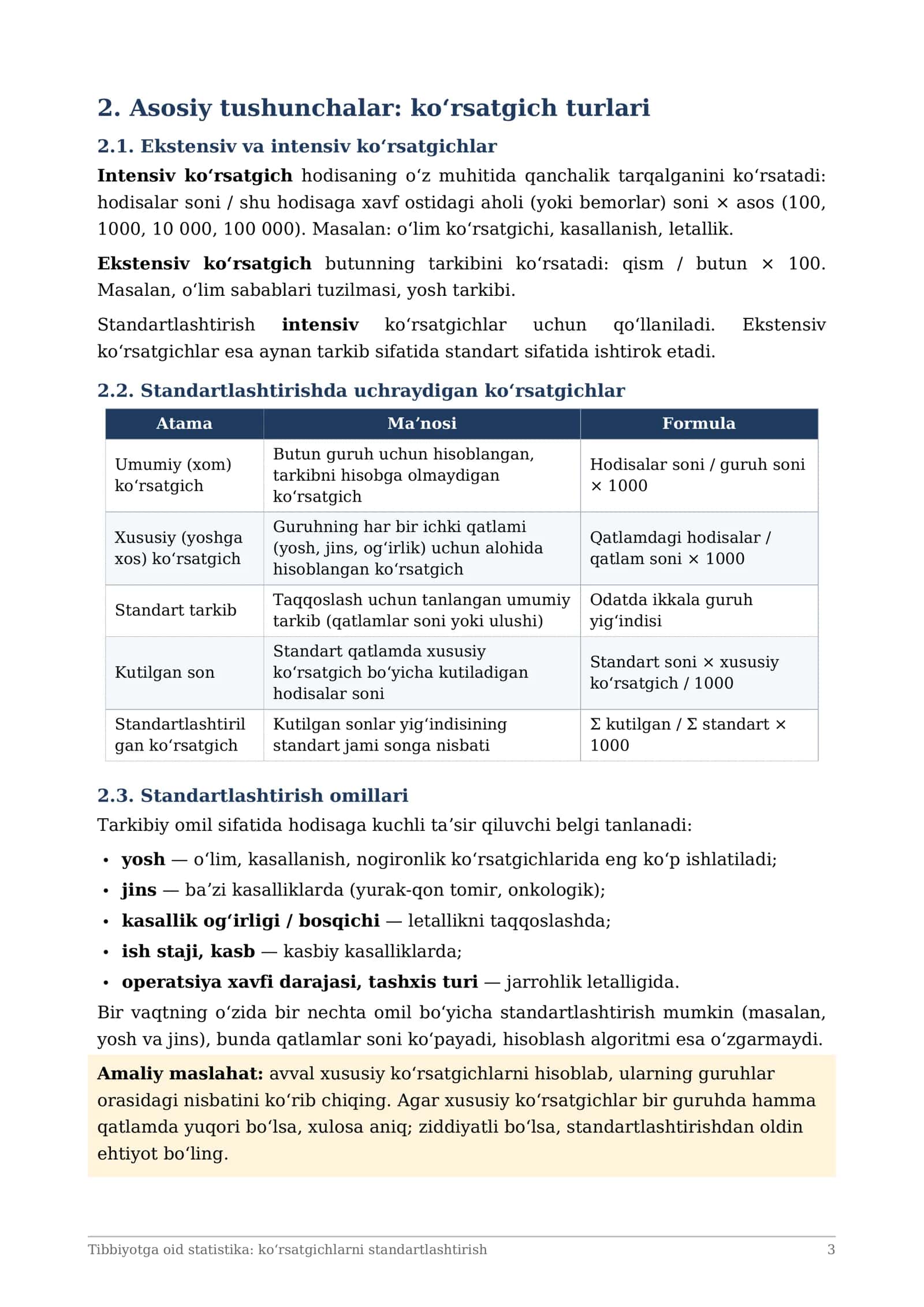 Tibbiyotga oid statistika: koʻrsatgichlarni standartlashtirish 3