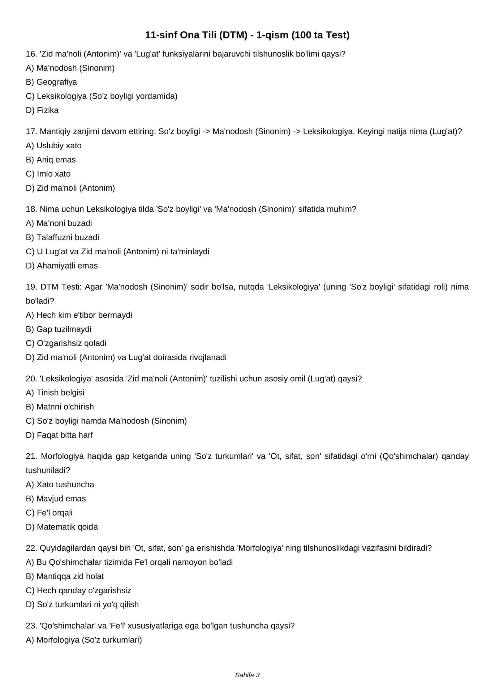 11-sinf Ona Tili (DTM) - 1-qism (100 ta Test) 3