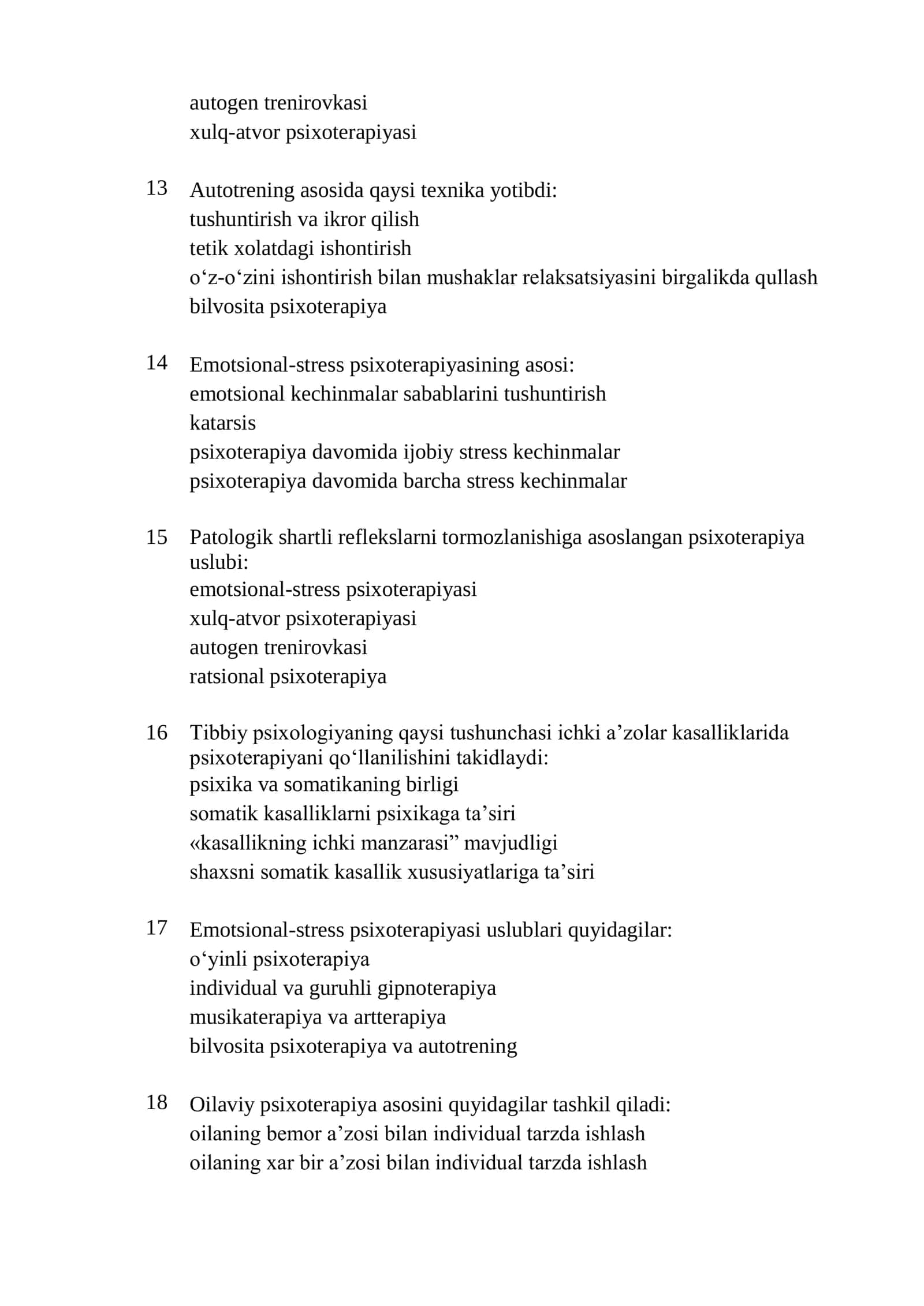 Tibbiy psixoterapiya mutaxassisligi bo’yicha shakllantirilgan test savollari ro’yxati 2026 3