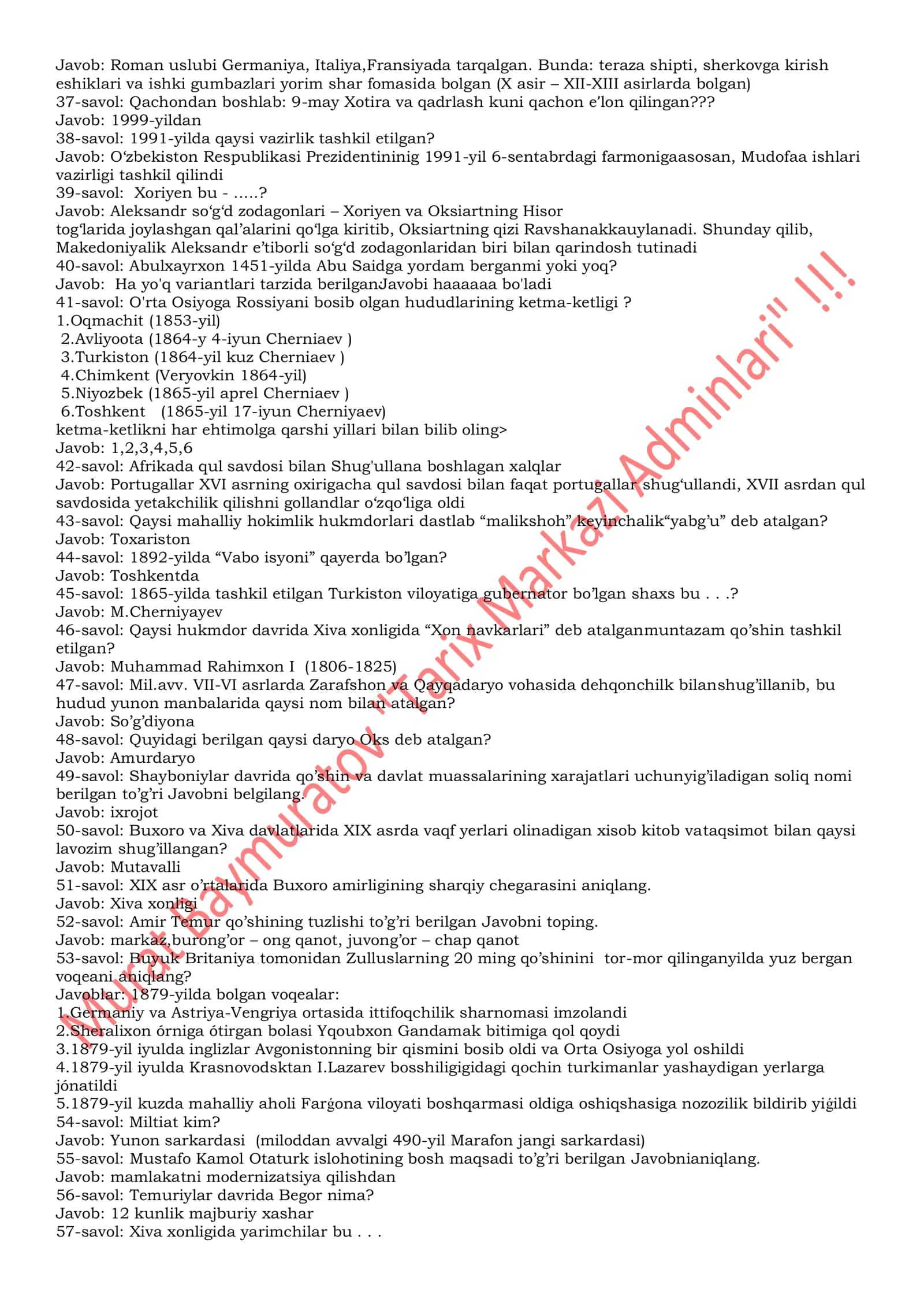 Tarix Attestatsiya testlari savollari va jabovlari bilan to'liq 3