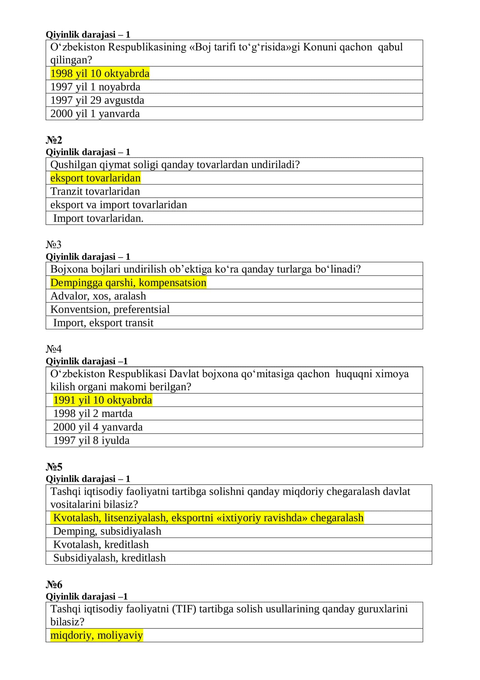 Bojxona qo'mitasiga ishga kirish uchun test savol javoblar toplami 3