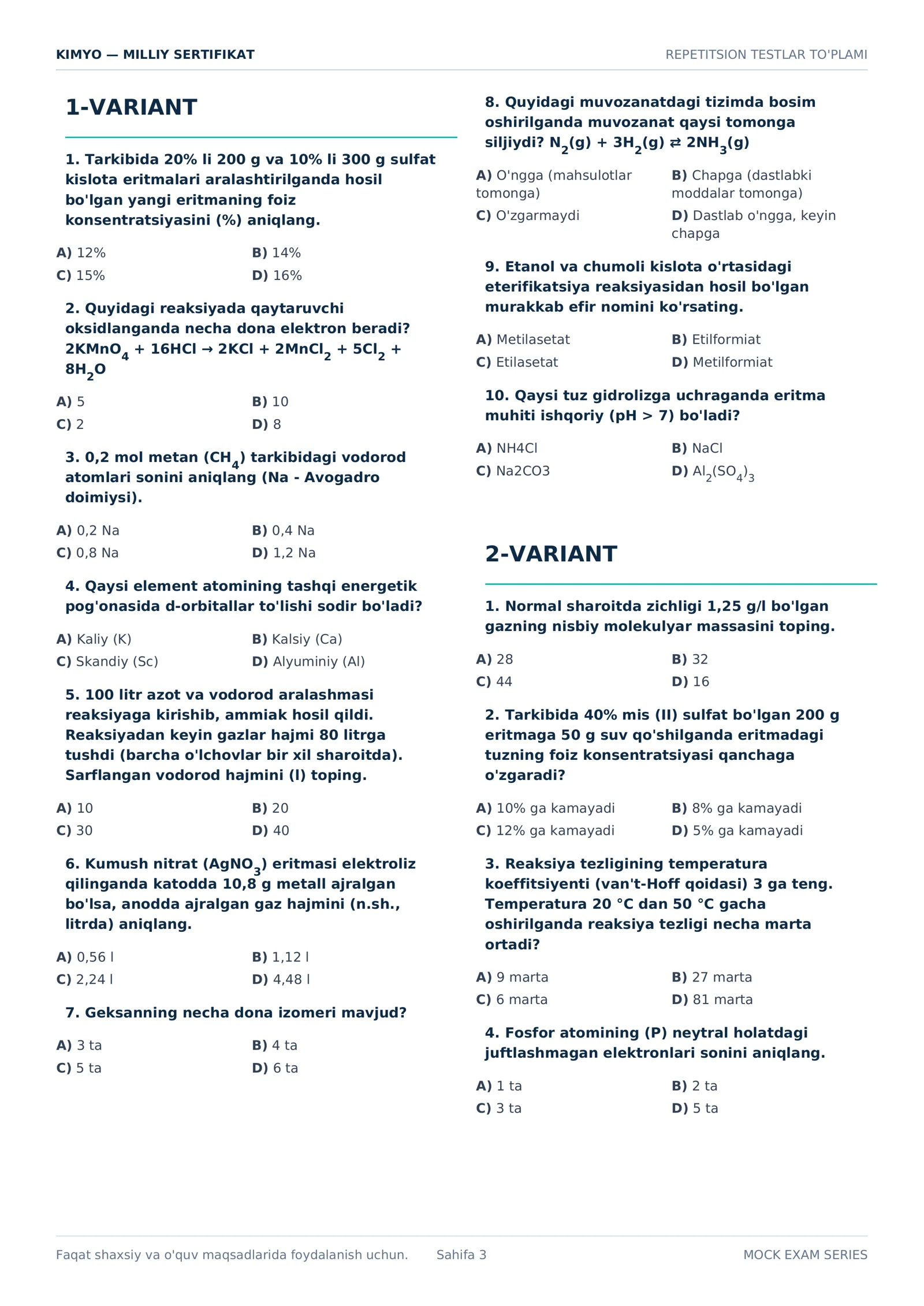 Kimyo — Milliy sertifikat uchun 10 ta repetitsion test varianti + javoblari 3