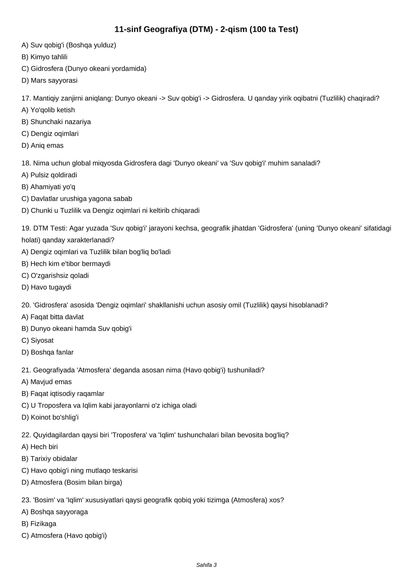11-sinf Geografiya (DTM) - 2-qism (100 ta Test) 3