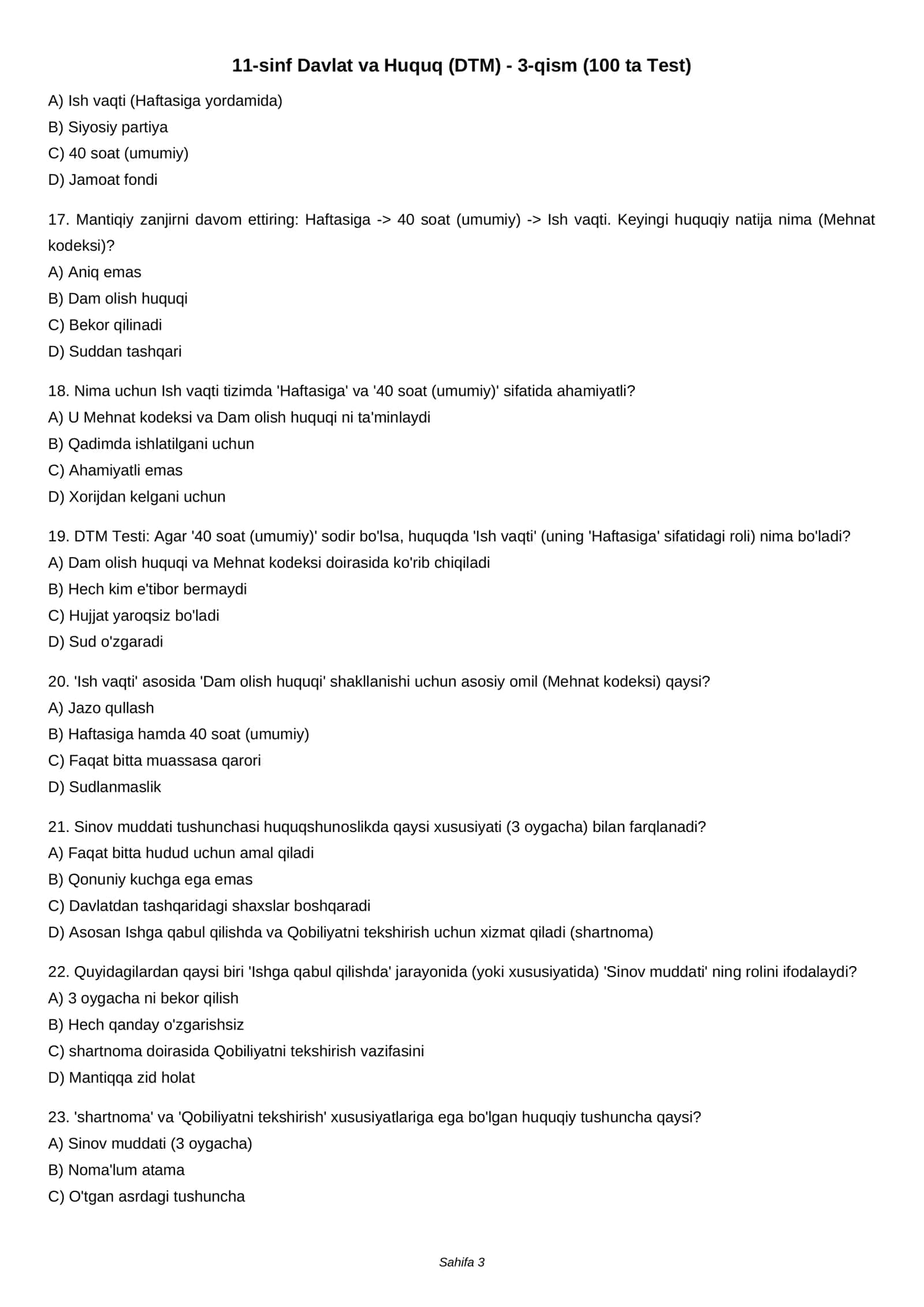 11-sinf Davlat va Huquq (DTM) - 3-qism (100 ta Test) 3