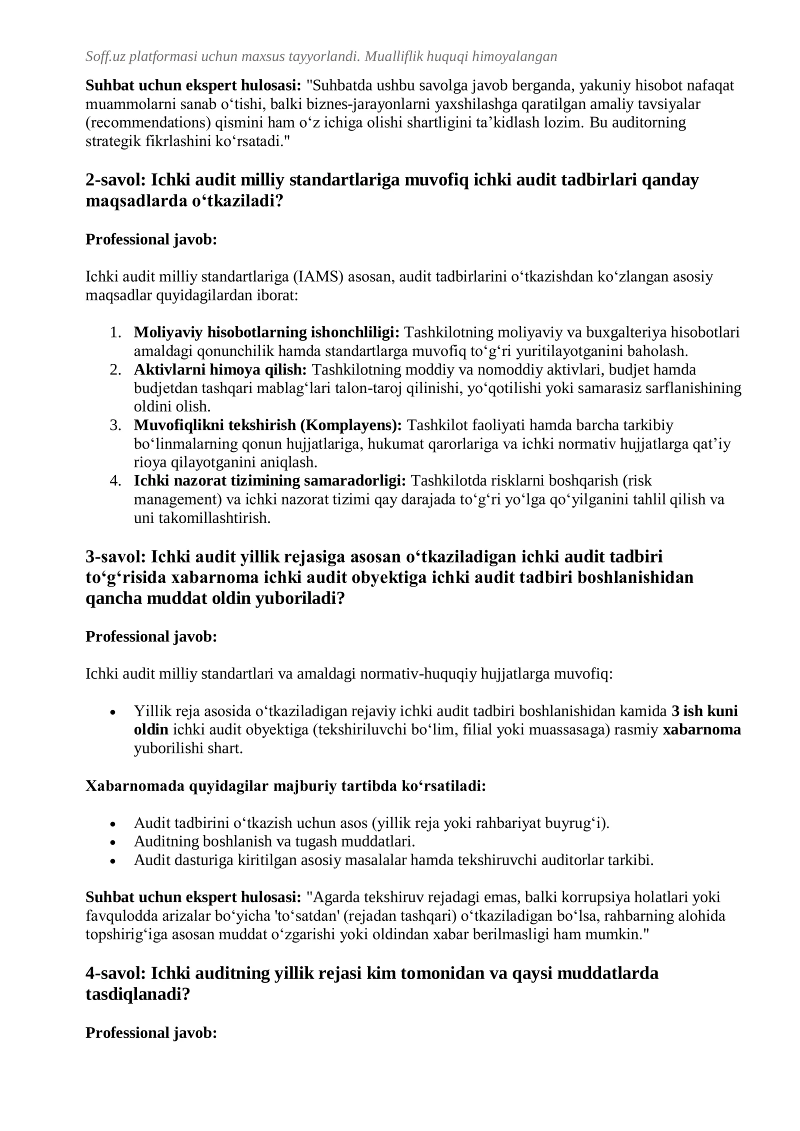 ICHKI AUDIT BO'LIMI REAL SUHBAT SAVOLLARI VA MUKAMMAL JAVOBLARI 2026 YIL 3