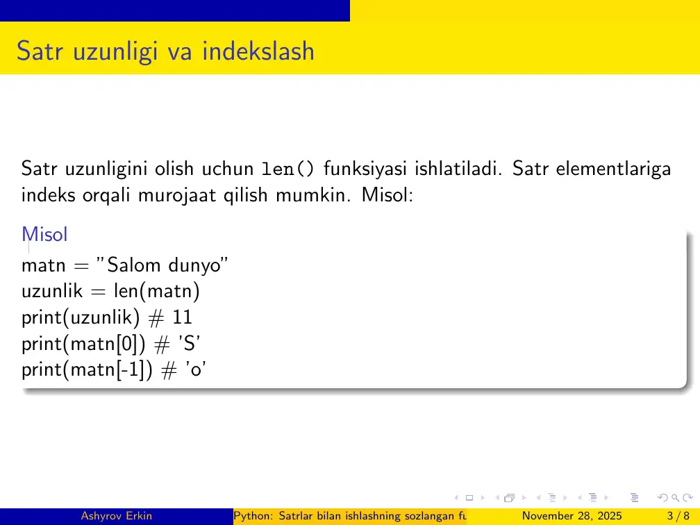 Python: Satrlar bilan ishlashning sozlangan funksiyalari 3