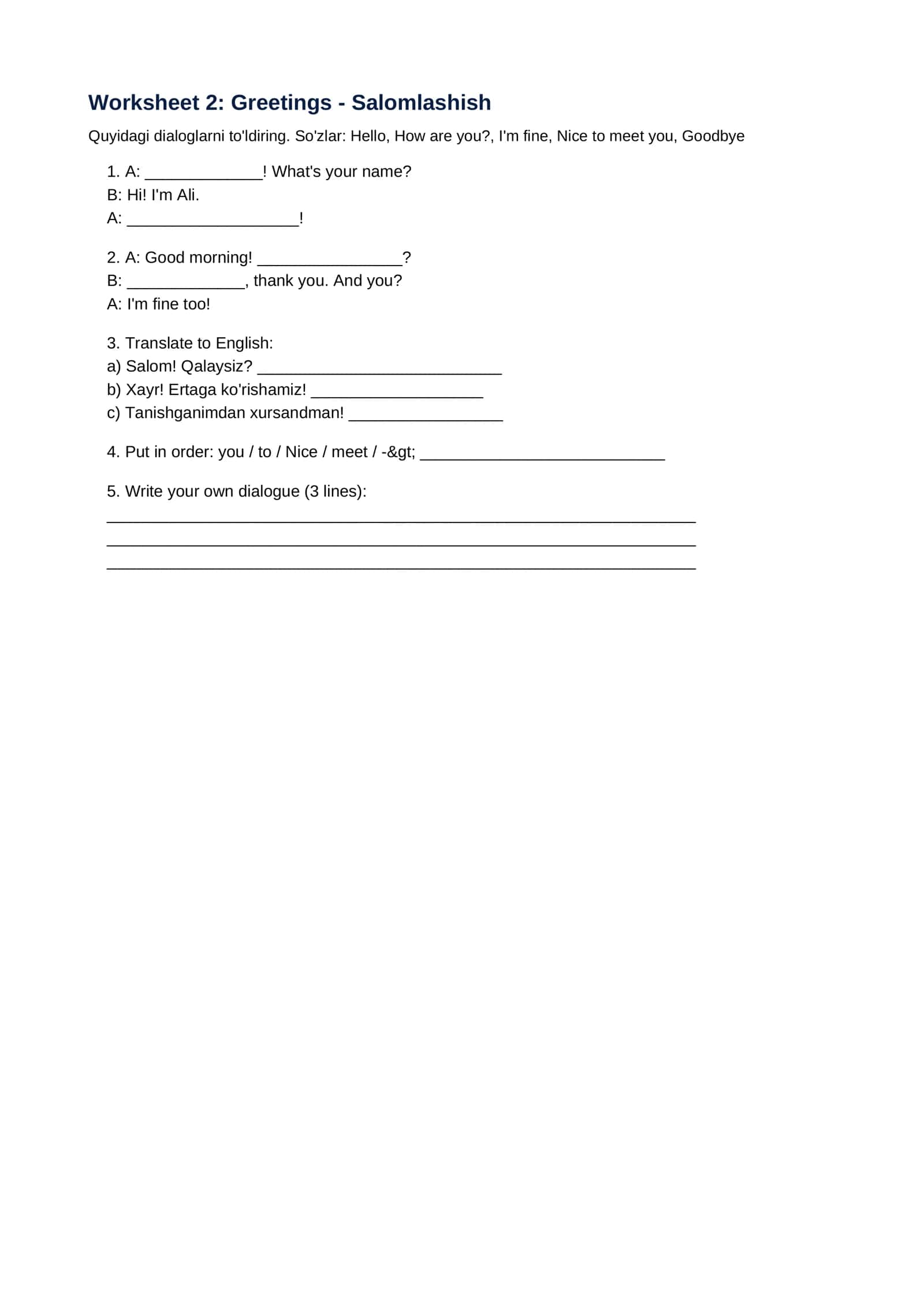 Beginner English Worksheets (ingiliz tili boshlangichalr uchun) 3