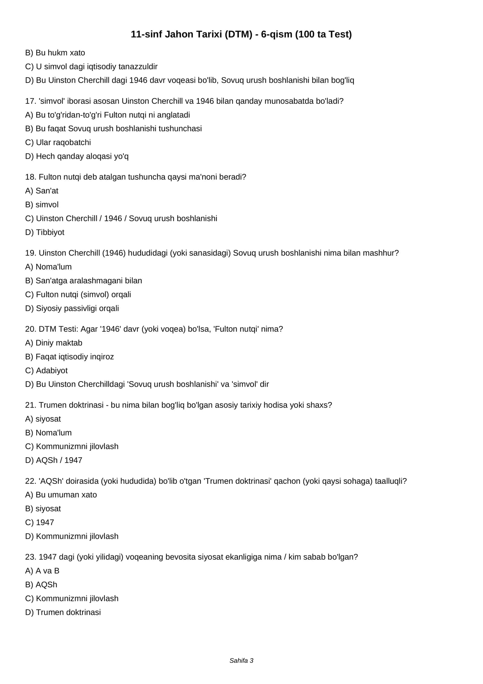 11-sinf Jahon Tarixi (DTM) - 6-qism (100 ta Test) 3
