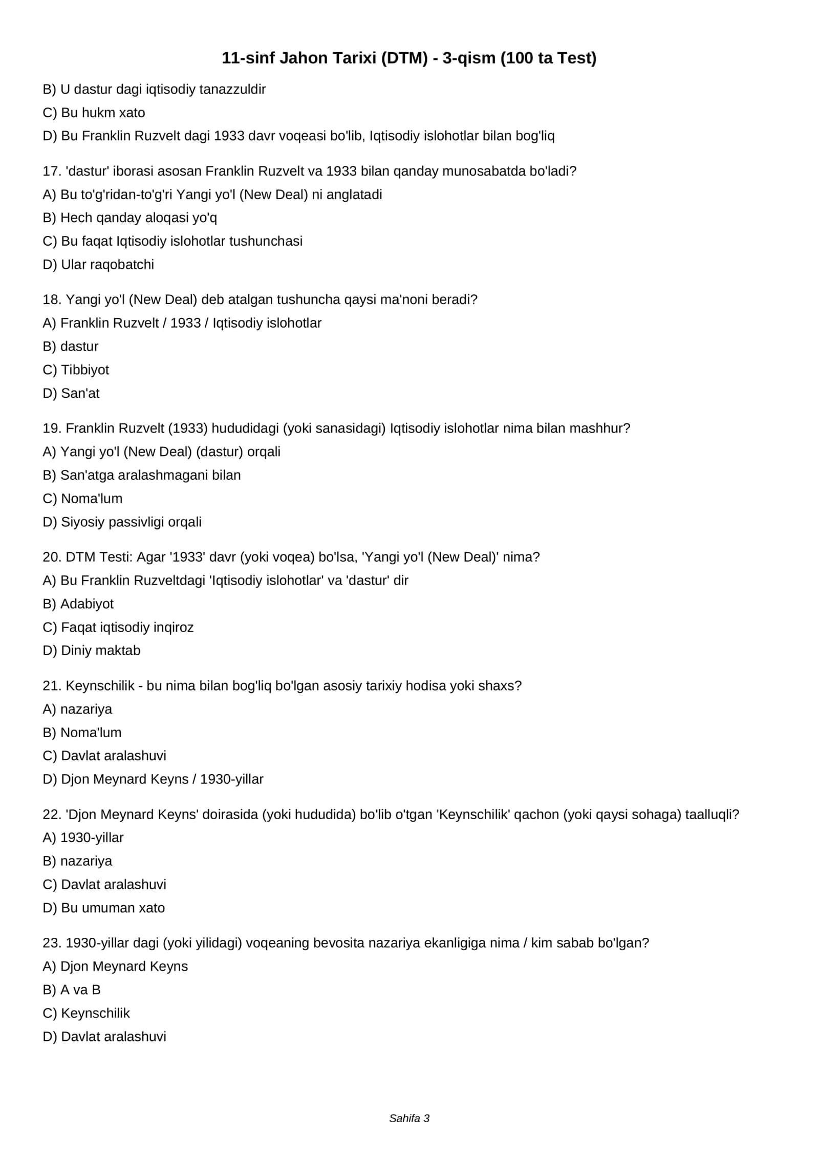11-sinf Jahon Tarixi (DTM) - 3-qism (100 ta Test) 3