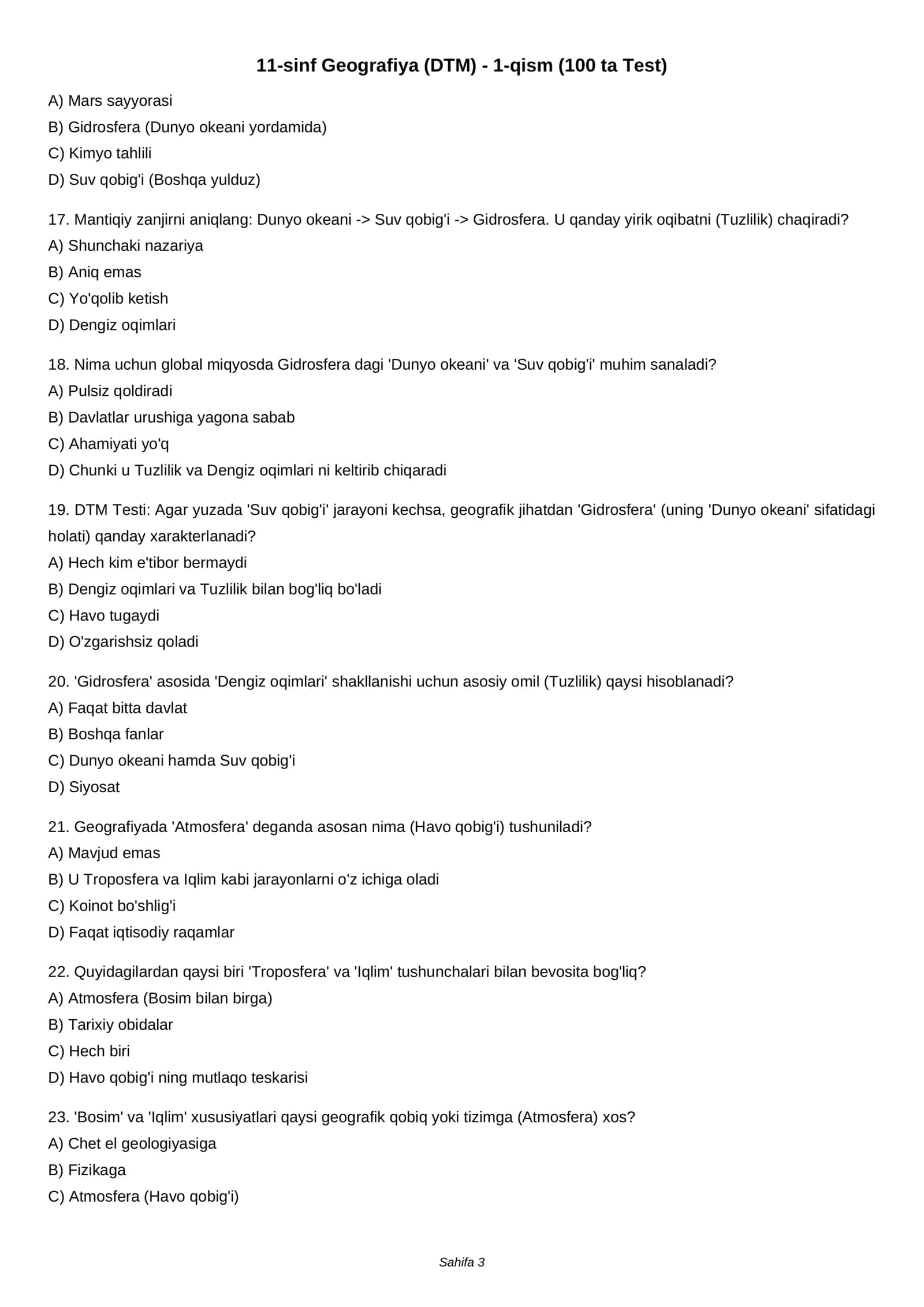 11-sinf Geografiya (DTM) - 1-qism (100 ta Test) 3