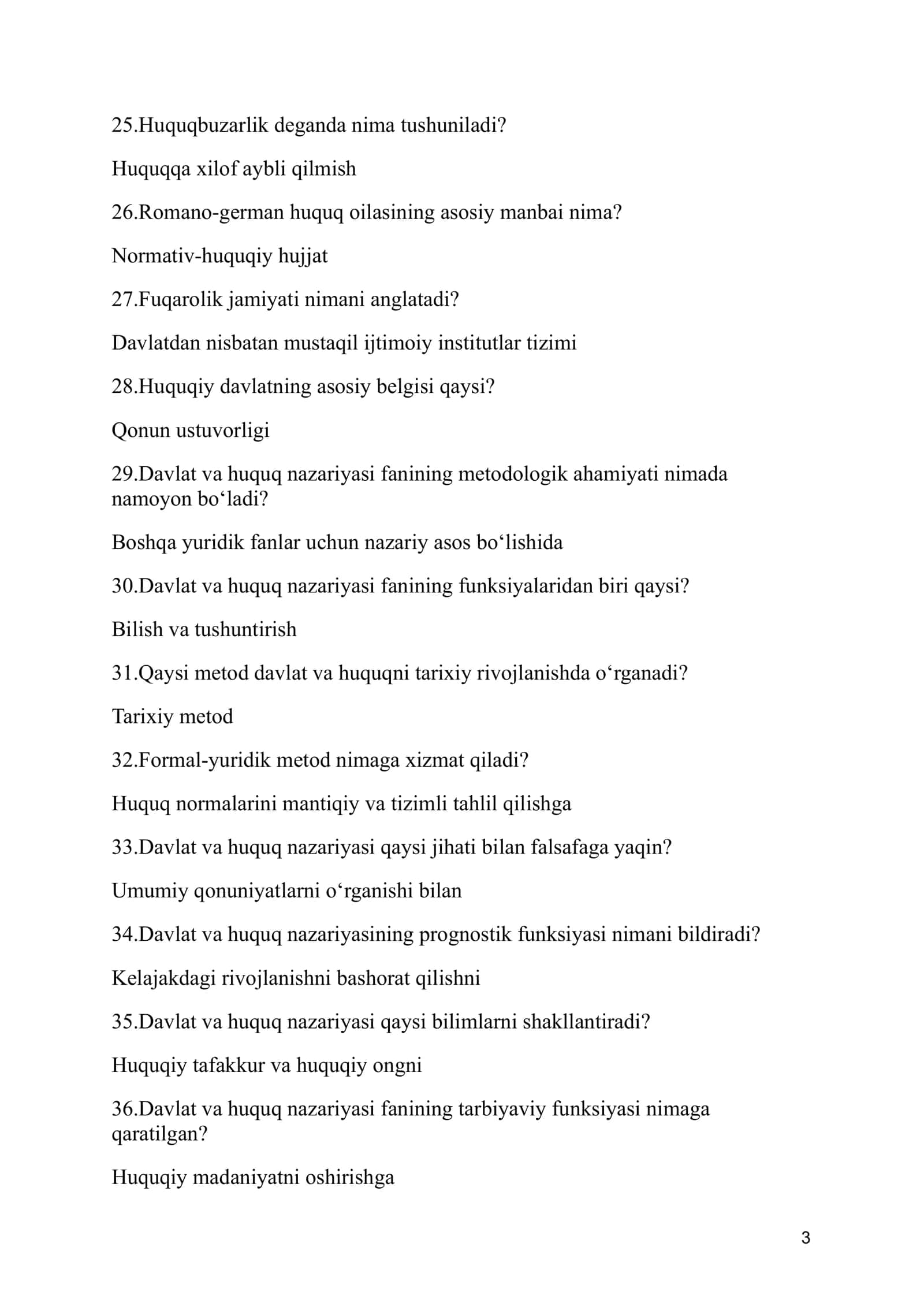 Huquq nazariyasi fanining asosiy savol va javoblar to'plami 3