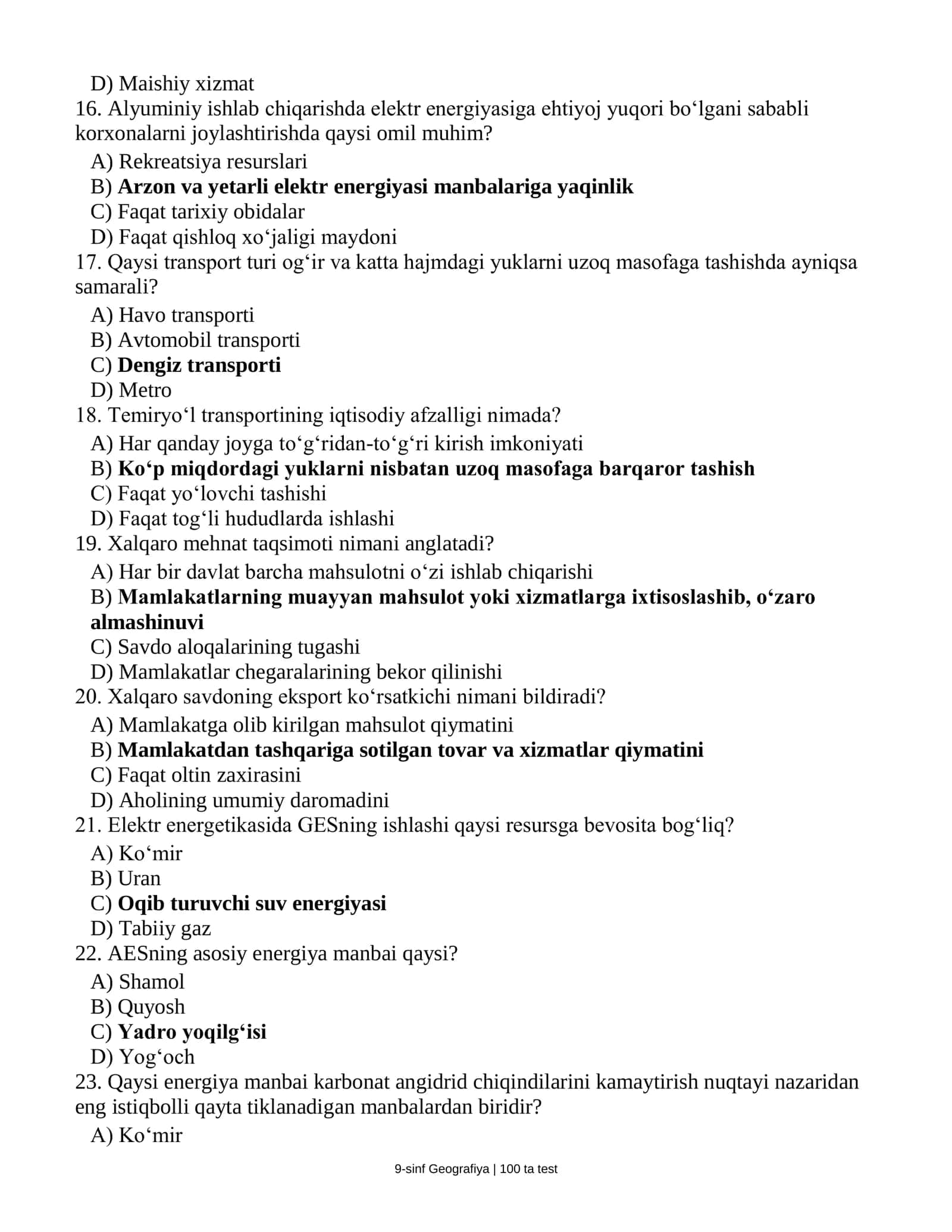 Geografiya fanidan 9-sinflar uchun fan olimpiadasiga tayyorgarlik tetlari javoblari bilan  (100 talik test banki) 3
