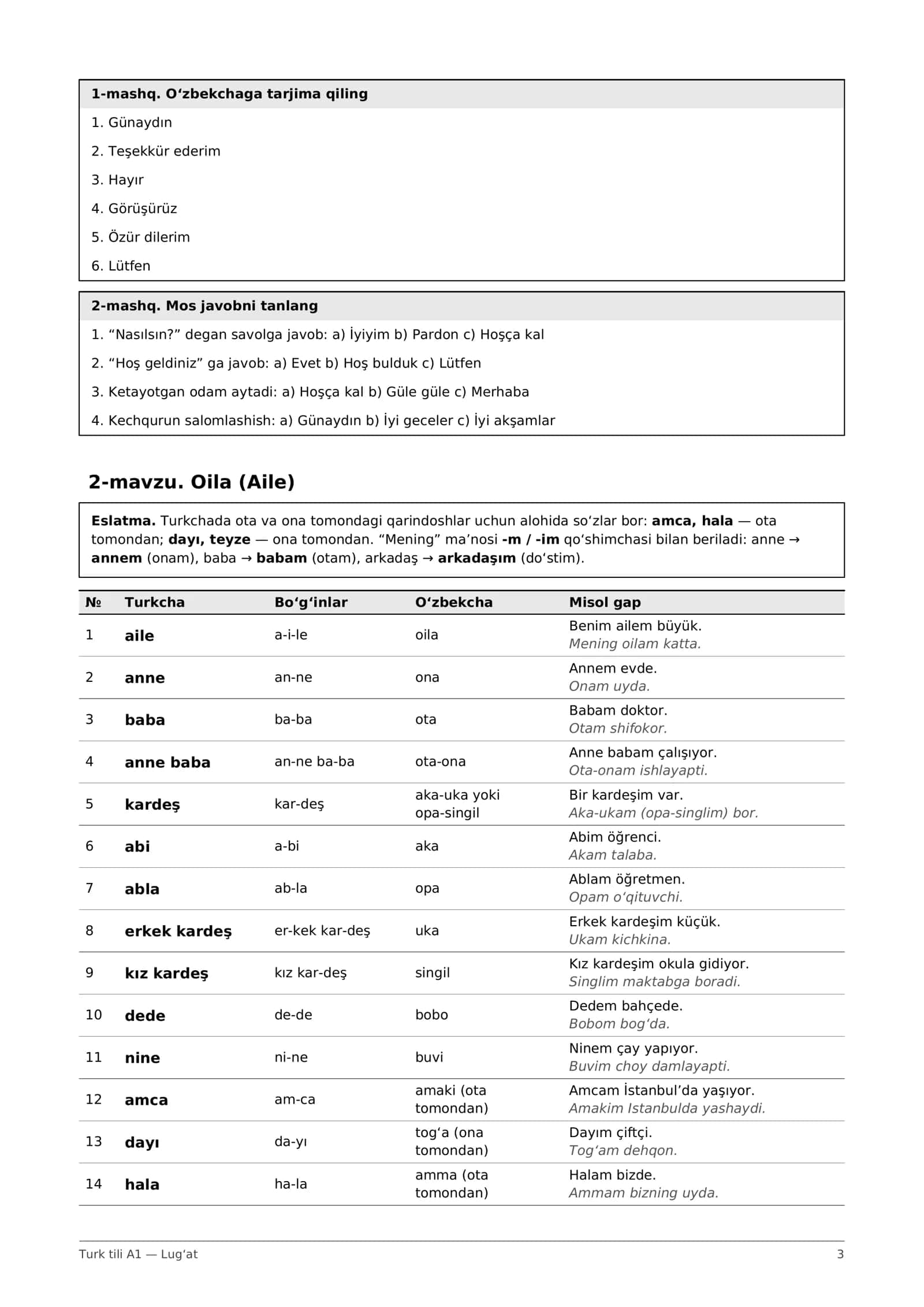 Turk tili A1 lug'at: alifbo + 12 mavzu, 300 so'z (PDF) 3