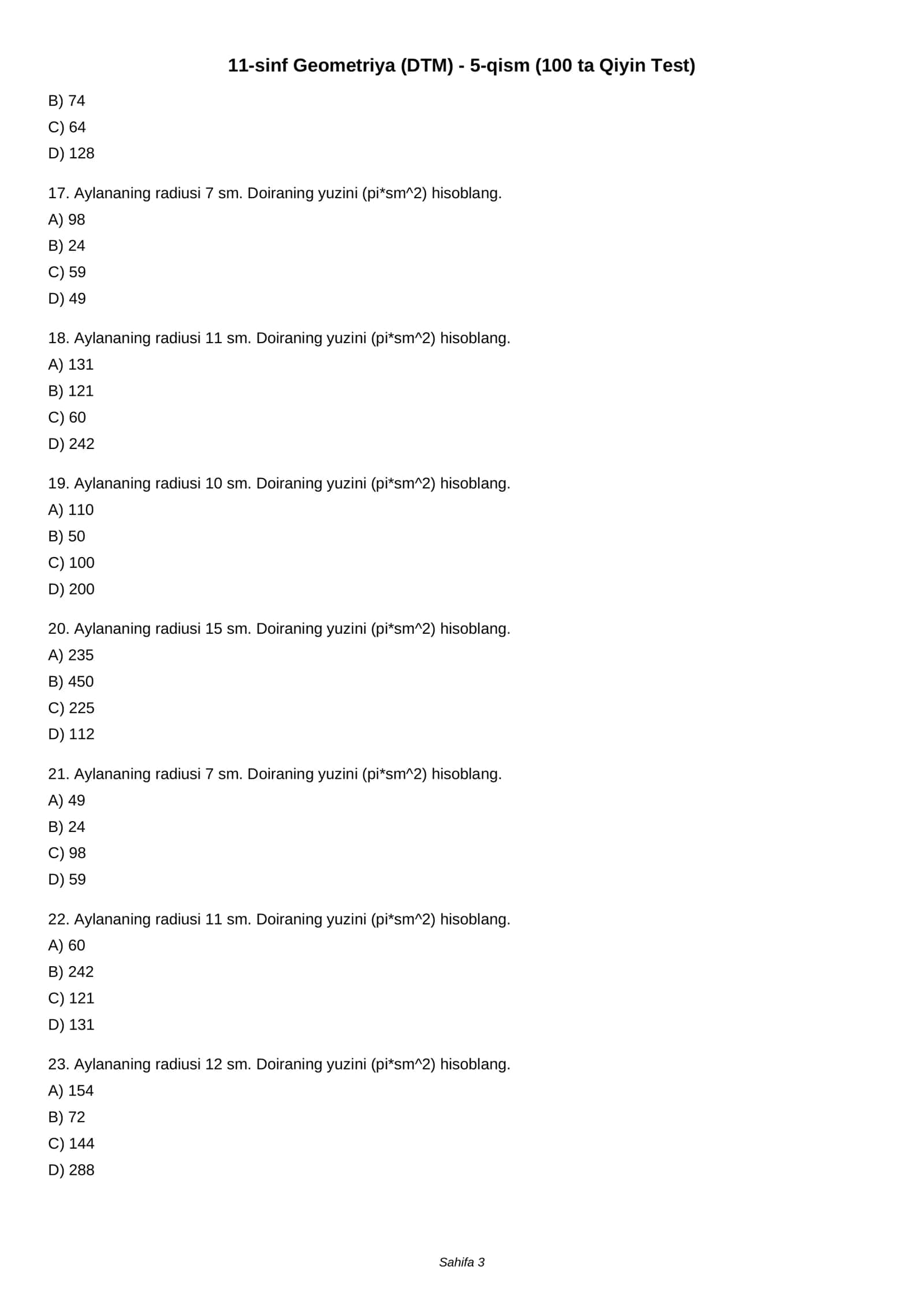11-sinf Geometriya (DTM) - 5-qism (100 ta Qiyin Test) 3