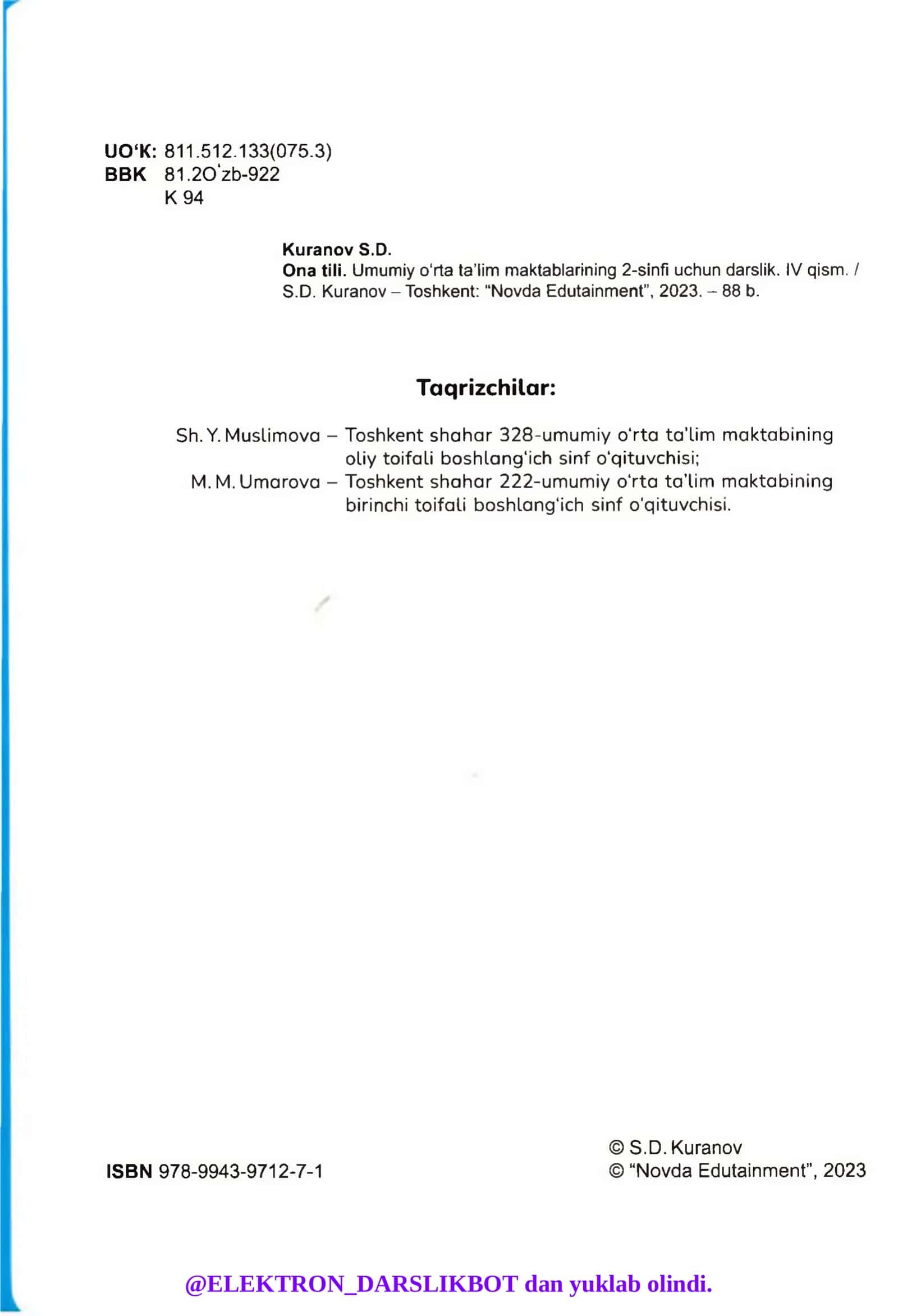 Ona tili. Umumiy o‘rta ta’lim maktablarining 2-sinfi uchun darslik. IV qism 3