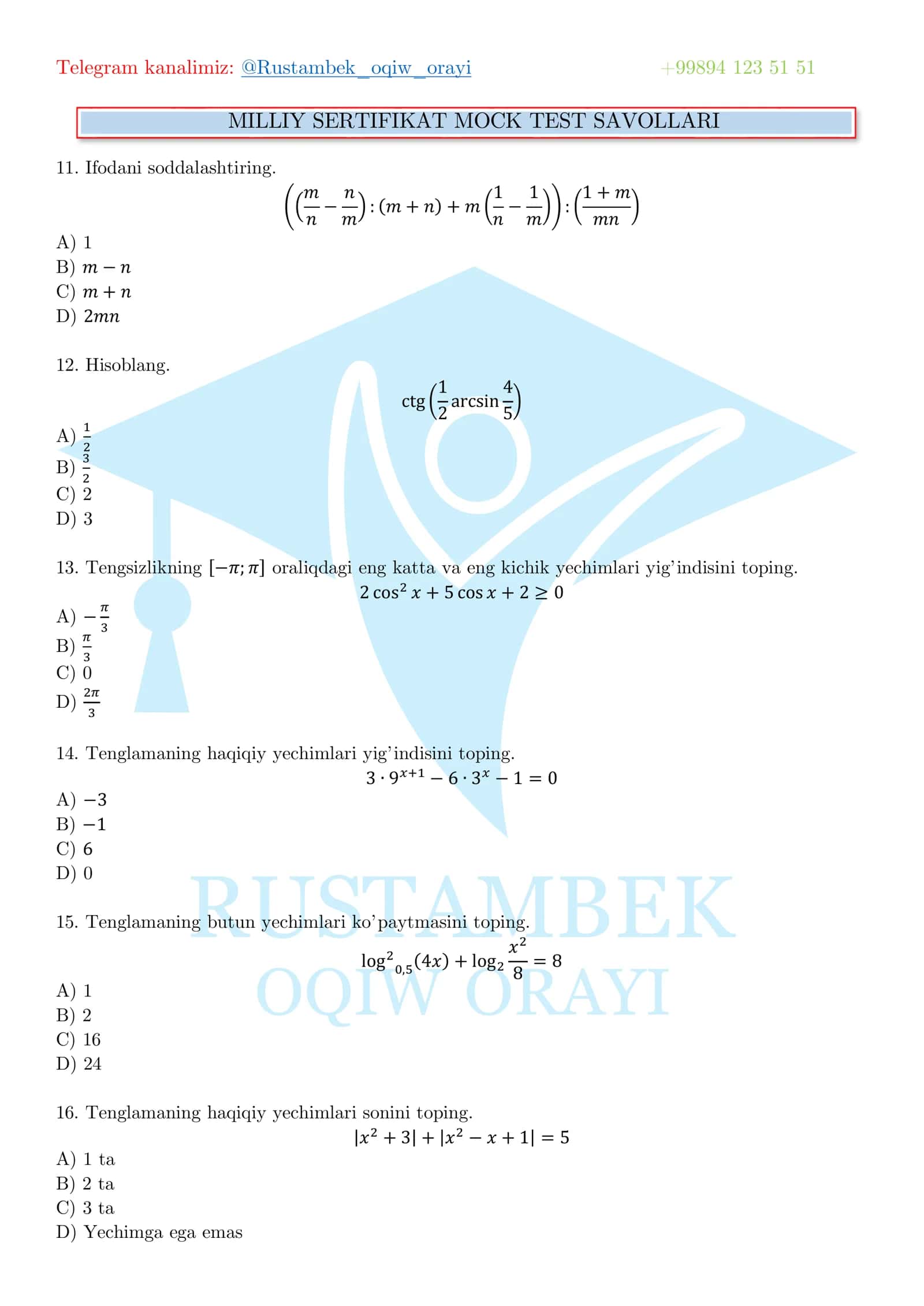 MILLIY SERTIFIKAT MOCK TEST SAVOLLARI 3