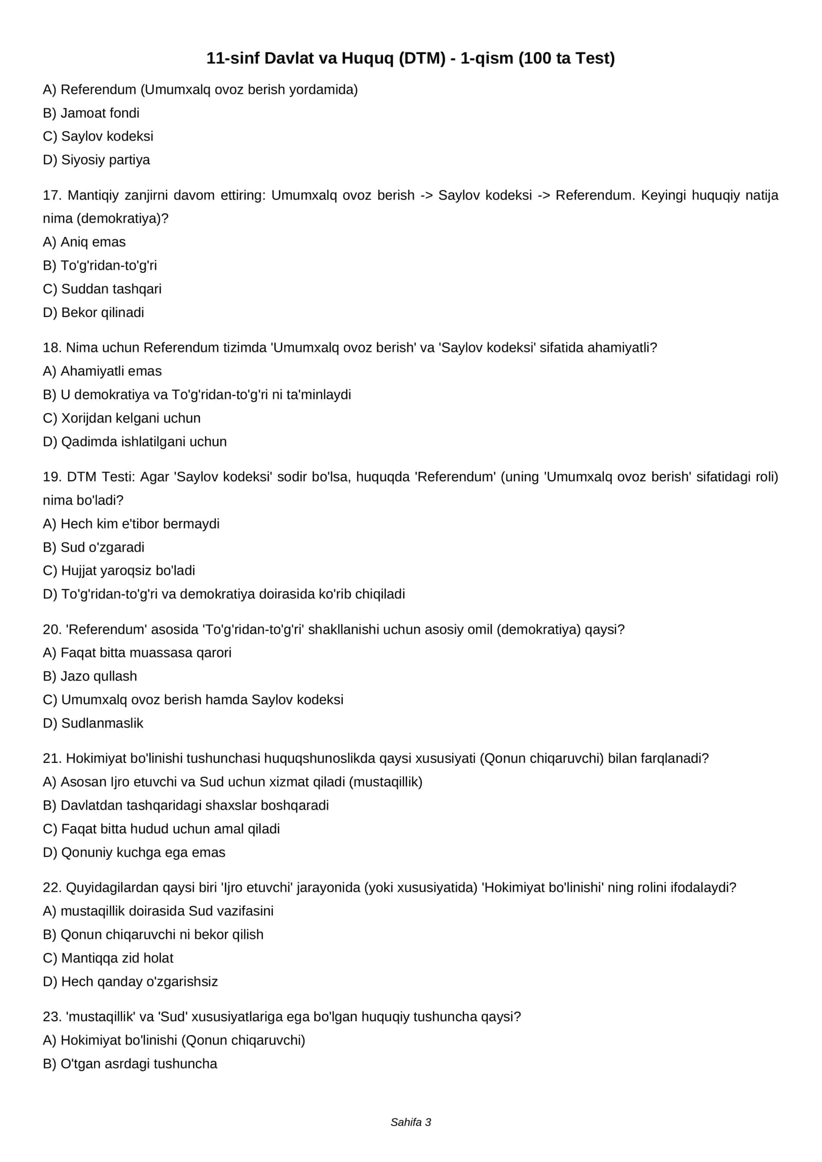 11-sinf Davlat va Huquq (DTM) - 1-qism (100 ta Test) 3