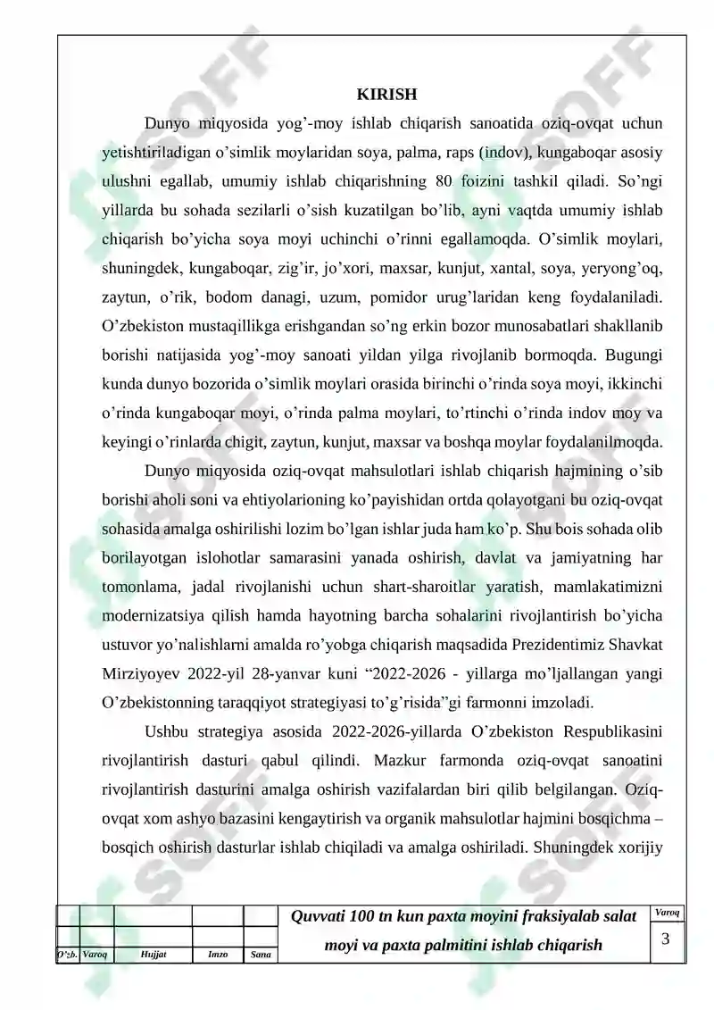 Quvvati 100 tn kun paxta moyini fraksiyalab salat moyi va paxta palmitini ishlab chiqarish texnologiyasi 3