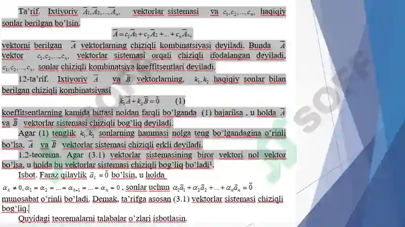 Chiziqli erkli va chiziqli bog'liq vektorlar ortogonal va ortonormal bazis 3
