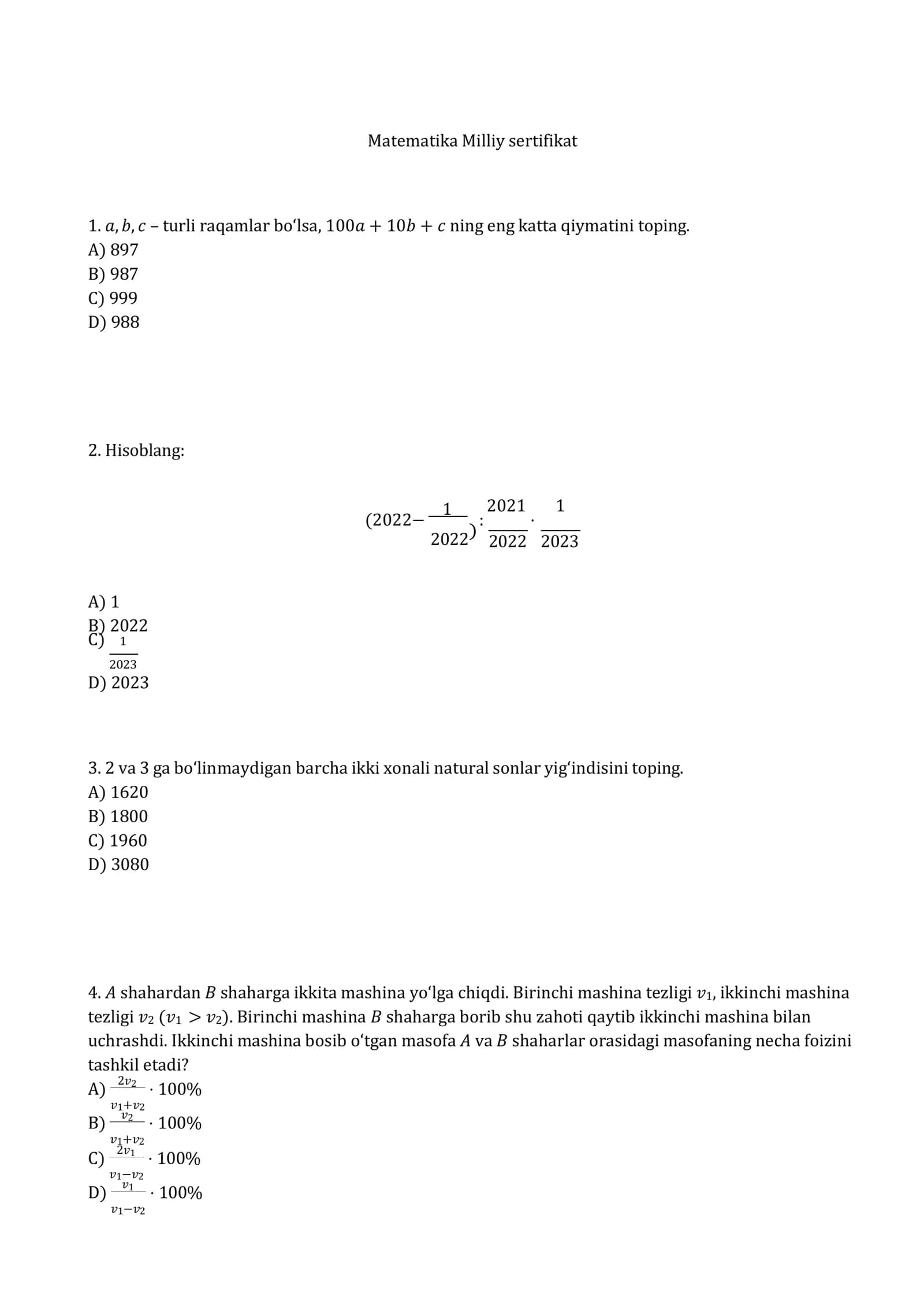 Matematika: Milliy sertifikat va Attestatsiya YANGI NASHR – Oltin Baza Test (1000 ta savollarga javoblari bilan) 3