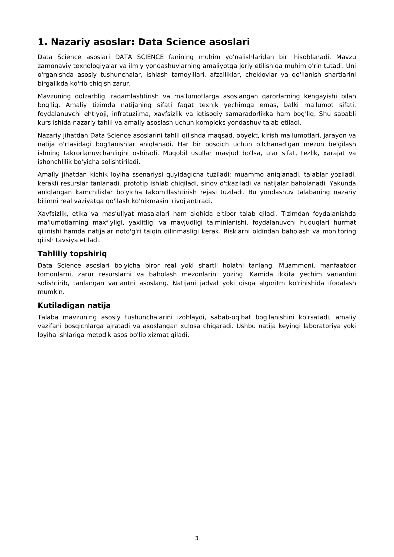 OLIY TA'LIM FANLARI DATA SCIENCE KURS ISHI 3