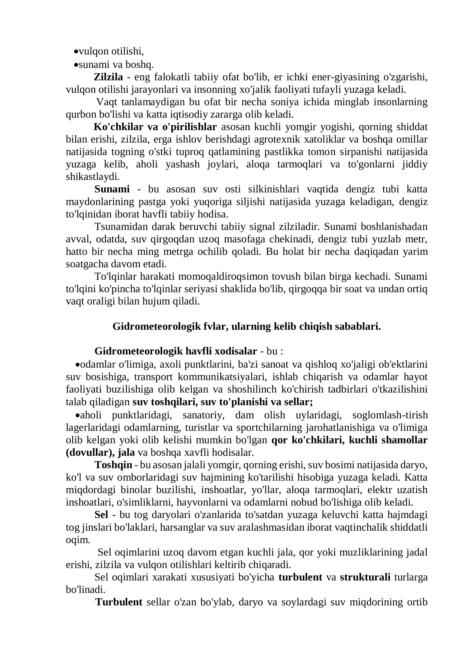 TABIIY TUSDAGI FAVQULODDA VAZIYATLAR, ULARNING TASNIFI VA TAVSIFI. AHOLI VA XUDUDNI TABIIY FAVQULODDA VAZIYATLARDAN MUHOFAZA QILISH 3