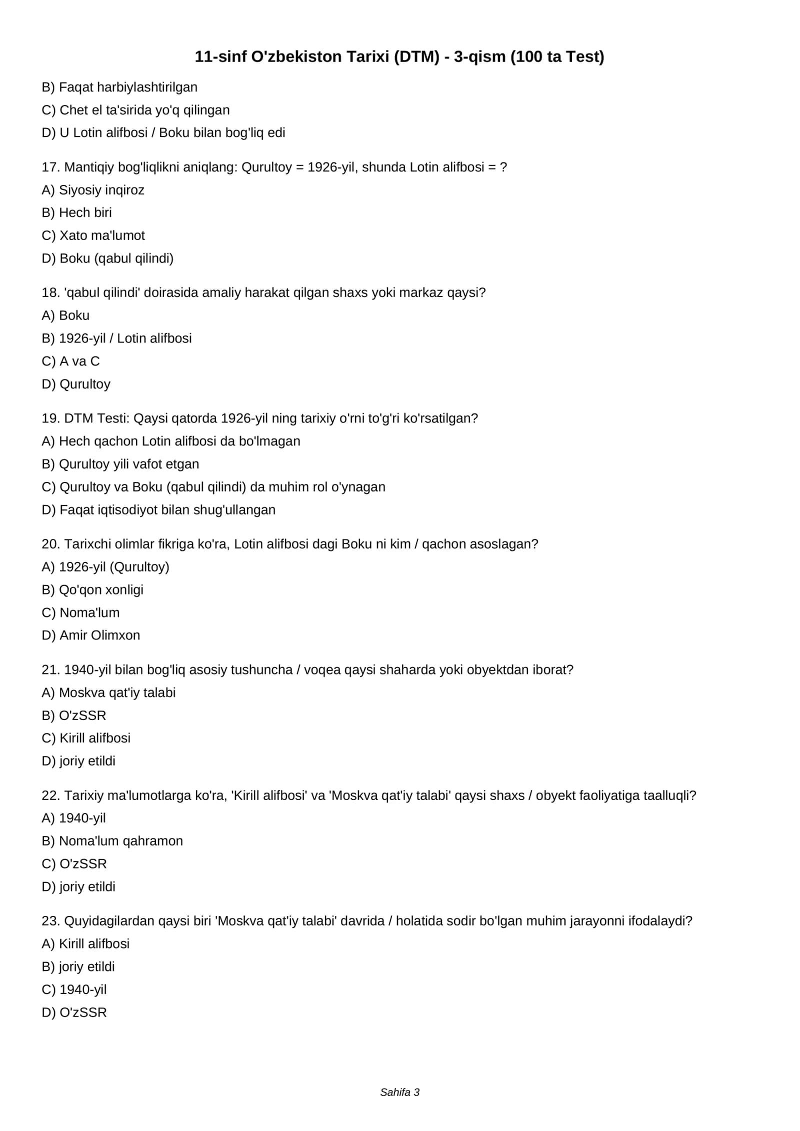 11-sinf O'zbekiston Tarixi (DTM) - 3-qism (100 ta Test) 3