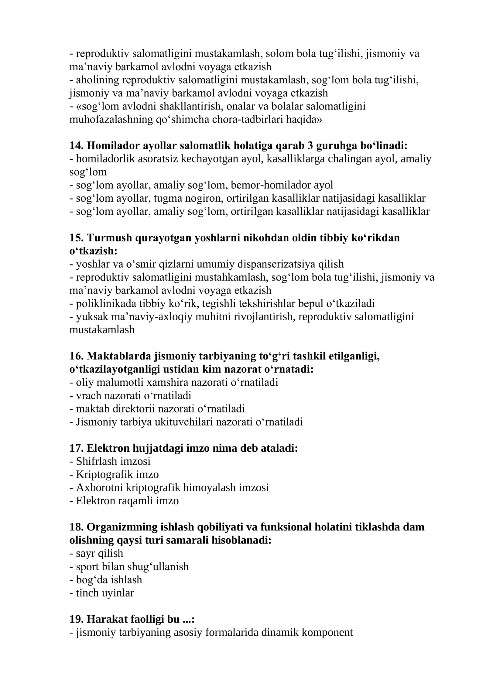 Valeologiya mutaxassisligi bo’yicha shakllantirilgan test savollari ro’yxati 3