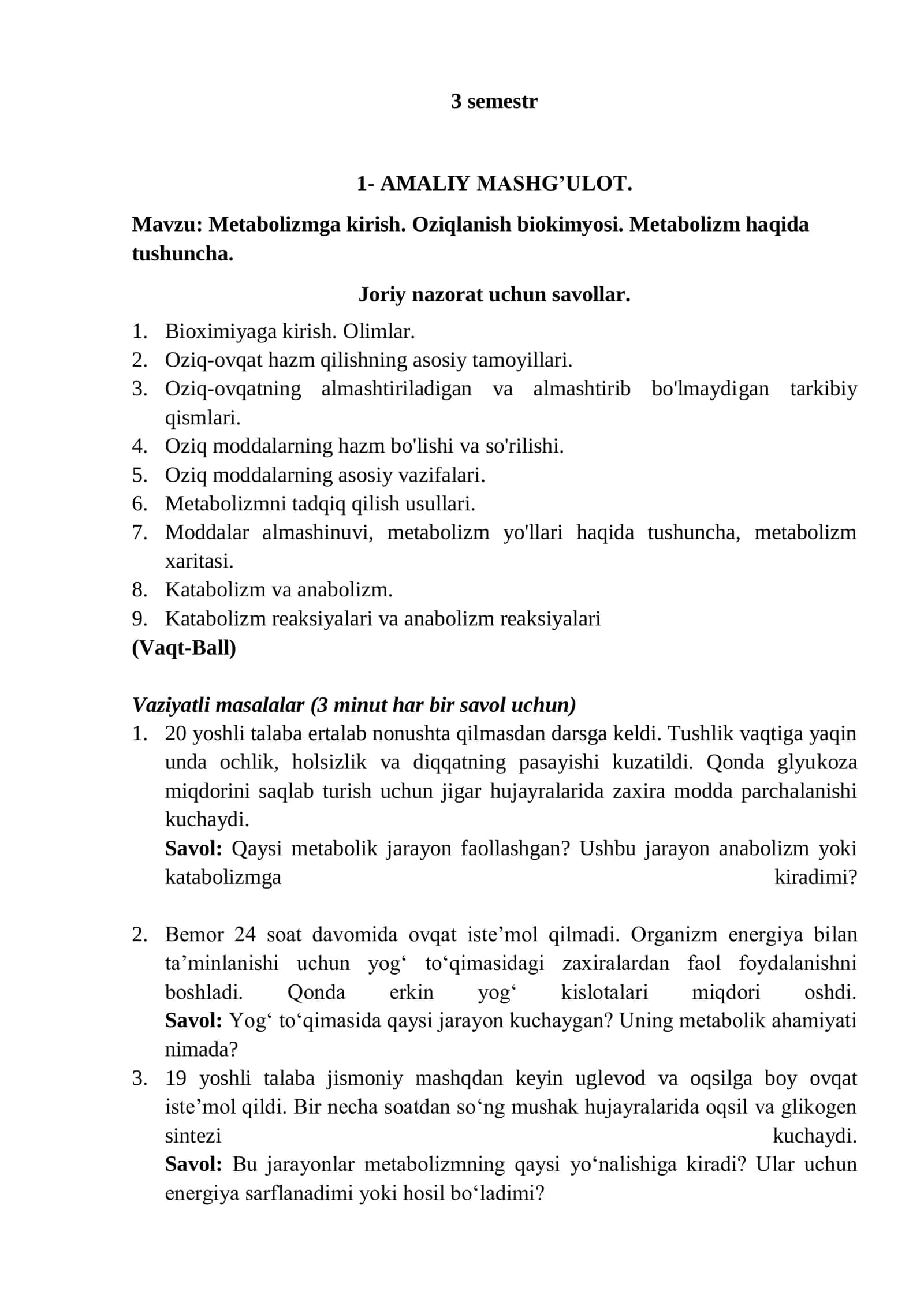 Metabolizm va Biokimyo Mashg'ulot 3