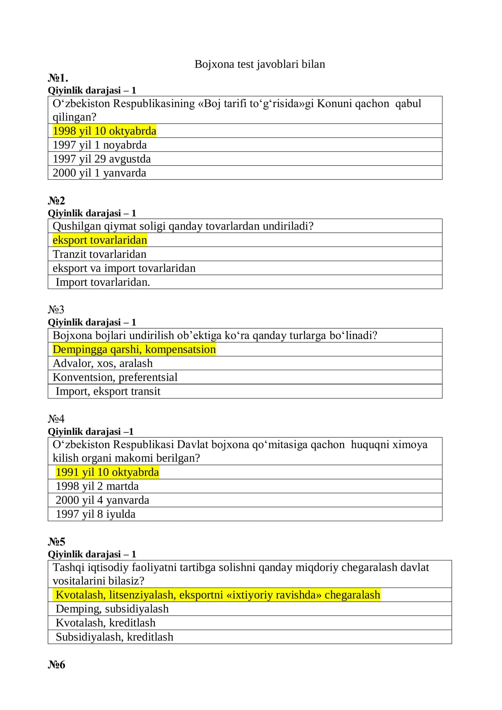 Bojxona qo‘mitasiga ishga kirish uchun test savol-javoblar to‘plami 3