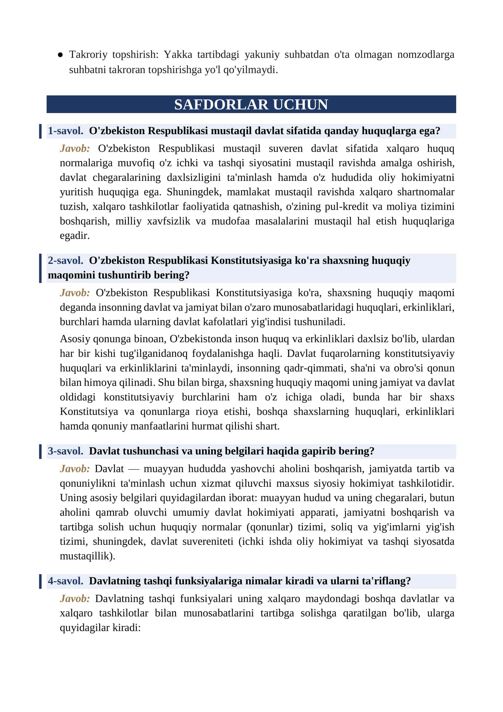 Ichki ishlarga kiruvchilar uchun savollar. Safdorlar uchun huquqshunoslik fanidan savol-javoblar. 3