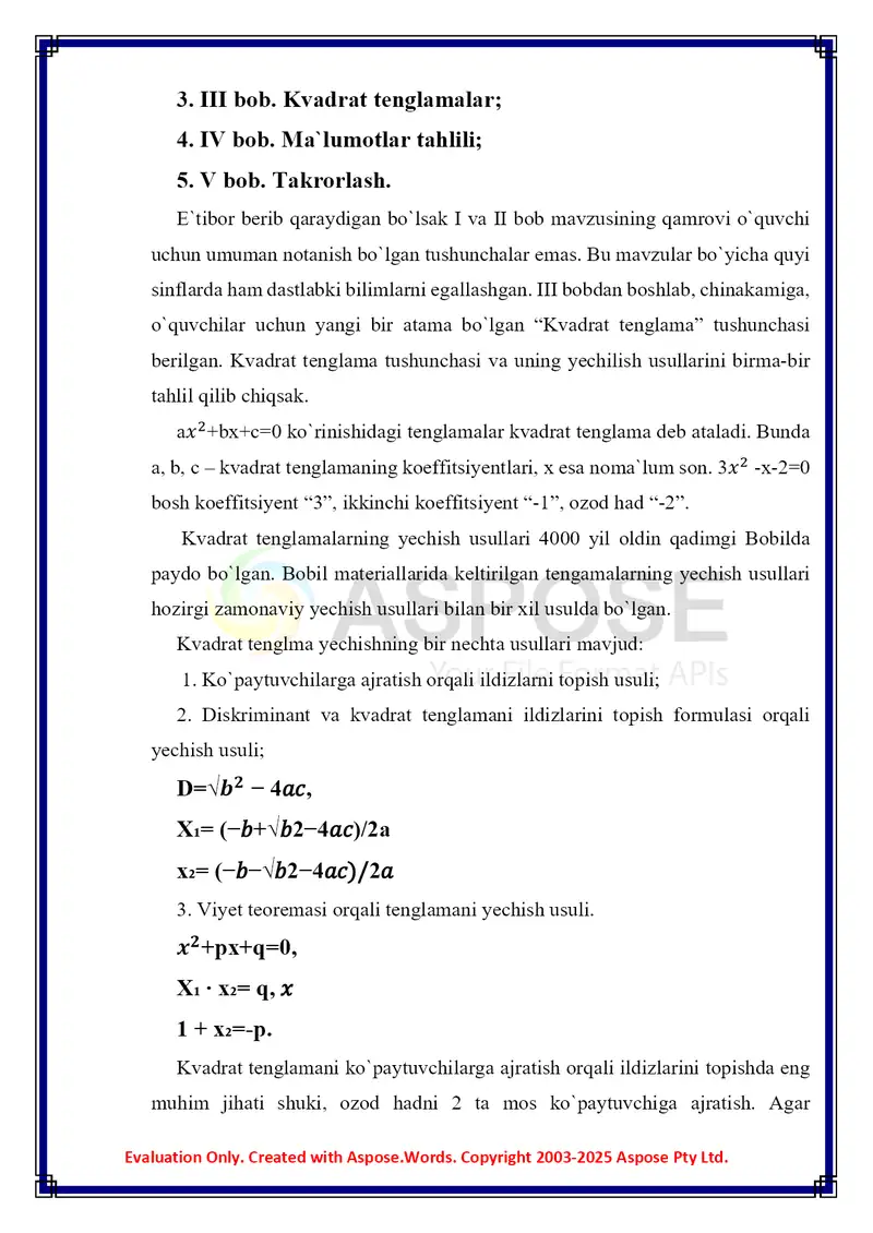 Dars ishlanma MATEMATIKA Kvadrat tenglama 4