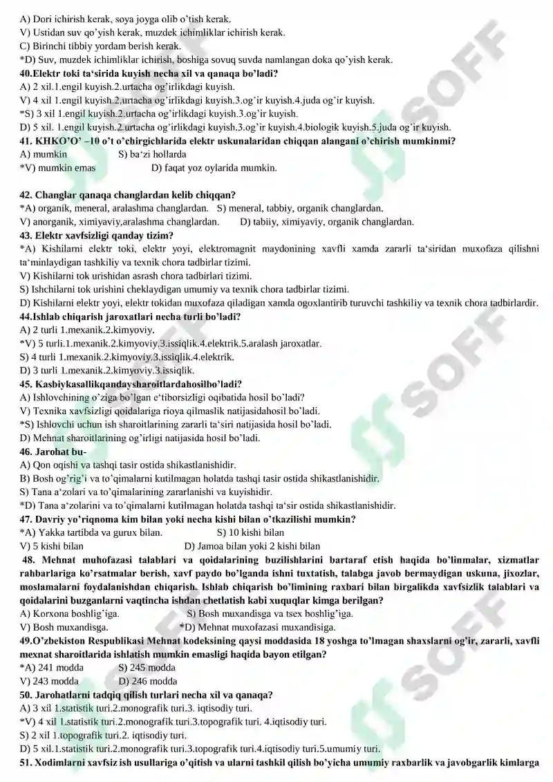 HAYOT FАОLIYATI ХАVFSIZLIGI FАNIDAN TEST SAVOLLARI 4