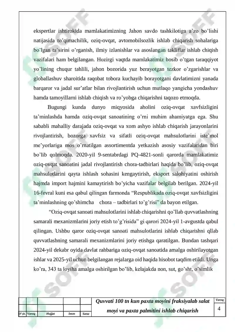 Quvvati 100 tn kun paxta moyini fraksiyalab salat moyi va paxta palmitini ishlab chiqarish texnologiyasi 4
