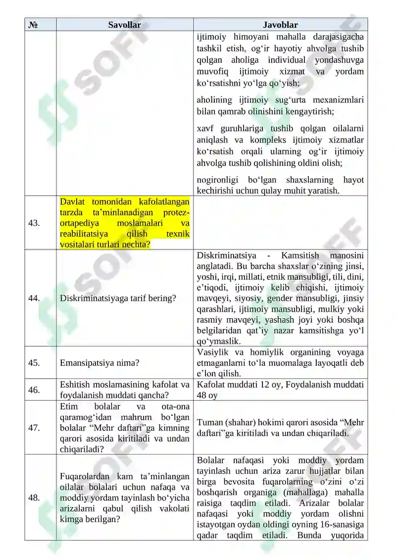 Inson ijtimoiy xizmatlar markazlarida faoliyat yurituvchi xodimlarning bilimini baholash uchun namunaviy savollari Argos testlar 7