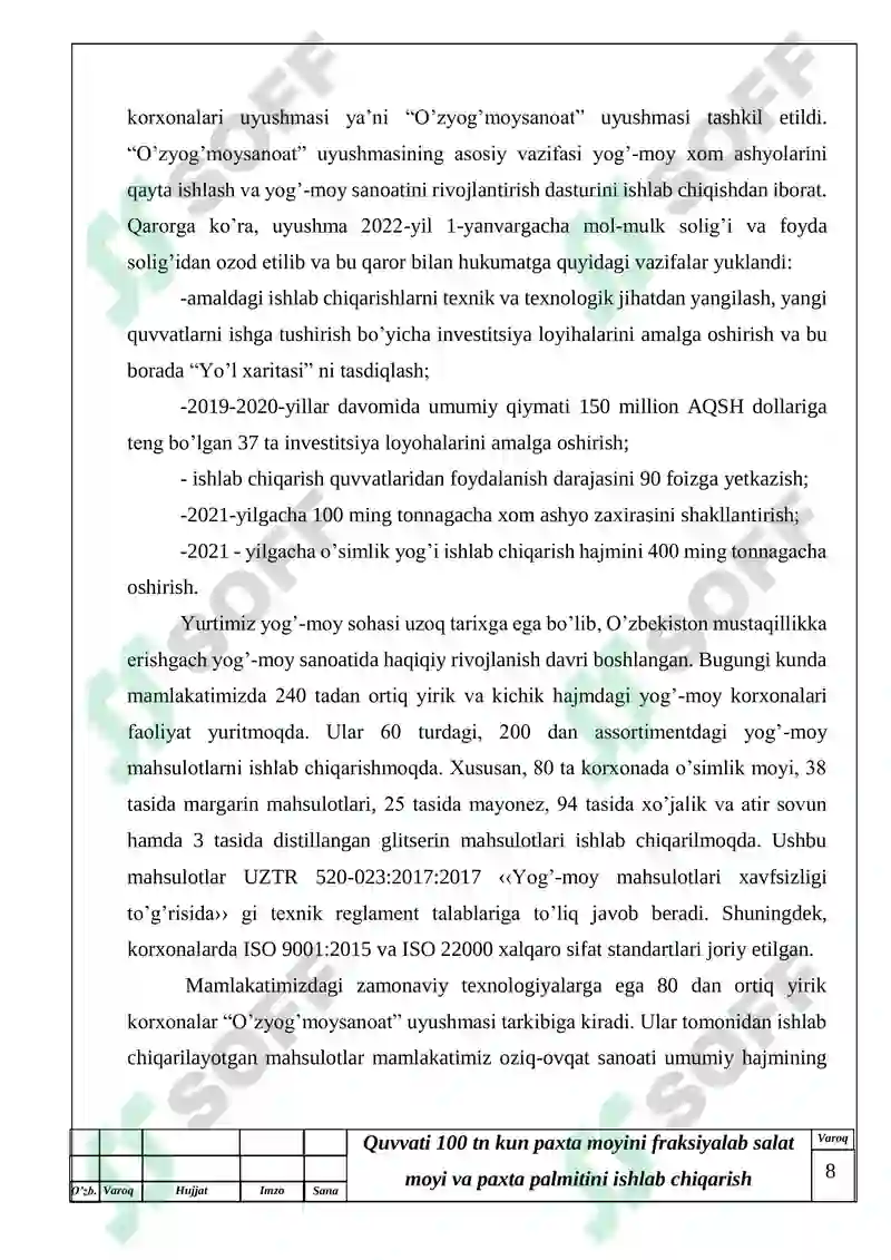 Quvvati 100 tn kun paxta moyini fraksiyalab salat moyi va paxta palmitini ishlab chiqarish texnologiyasi 8