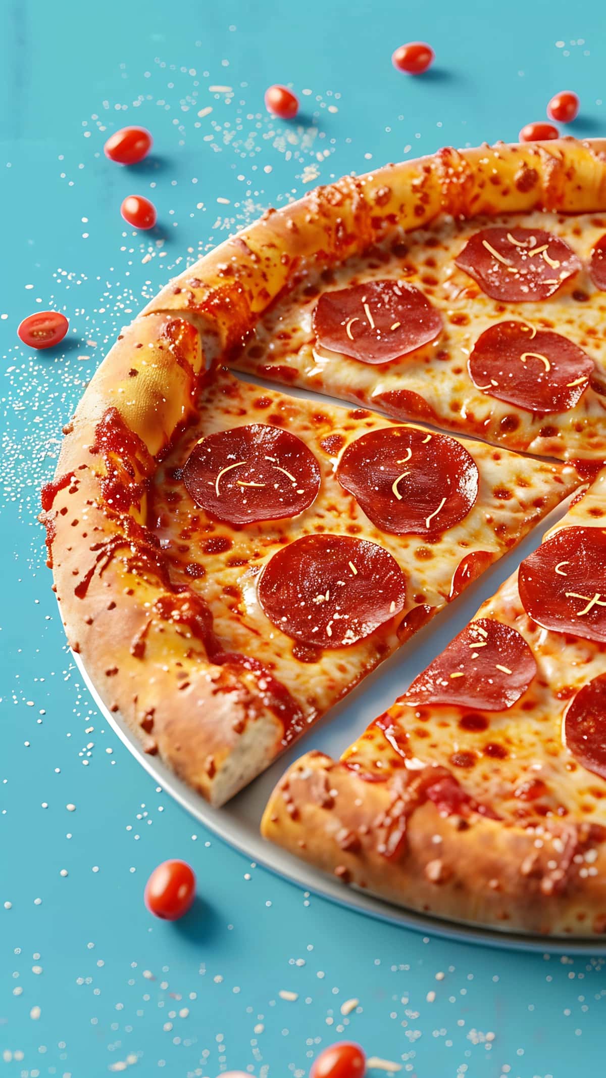 Pepperoni pizza tilim turkuaz fon | Pepperoni pizza slice turquoise background 1