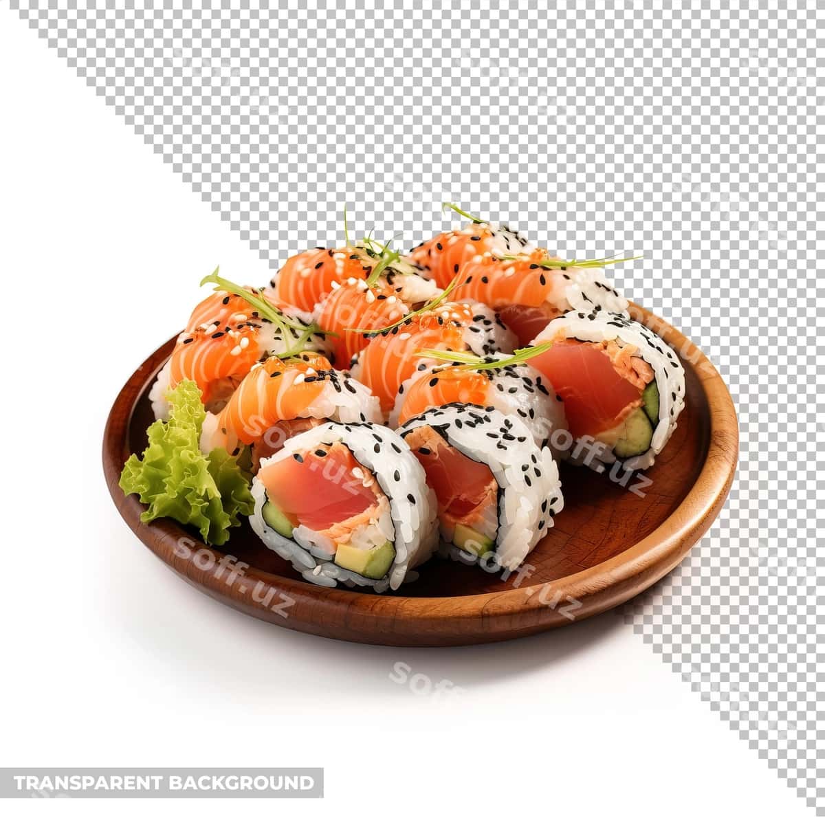 Dishe sushi ajraltirilgan orqa fondan xoliş | Plate sushi isolated without background 1