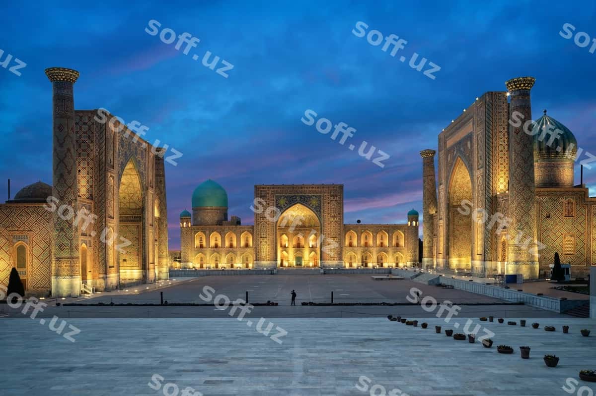 Registon maydoni, tush paytida samarqand, uzbekistan | Registan square dusk samarkand uzbekistan 1