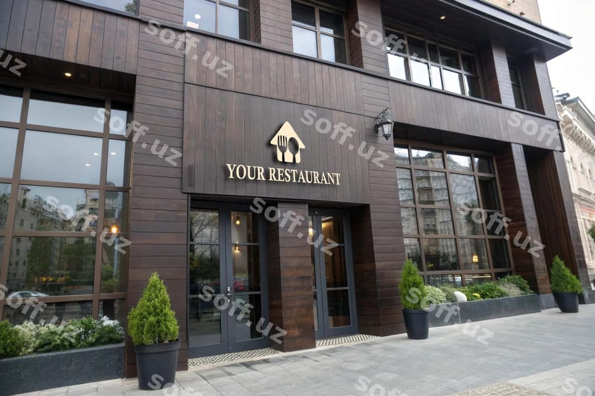 Restoran fasad logotipi mockup | Restaurant facade logo mockup 1