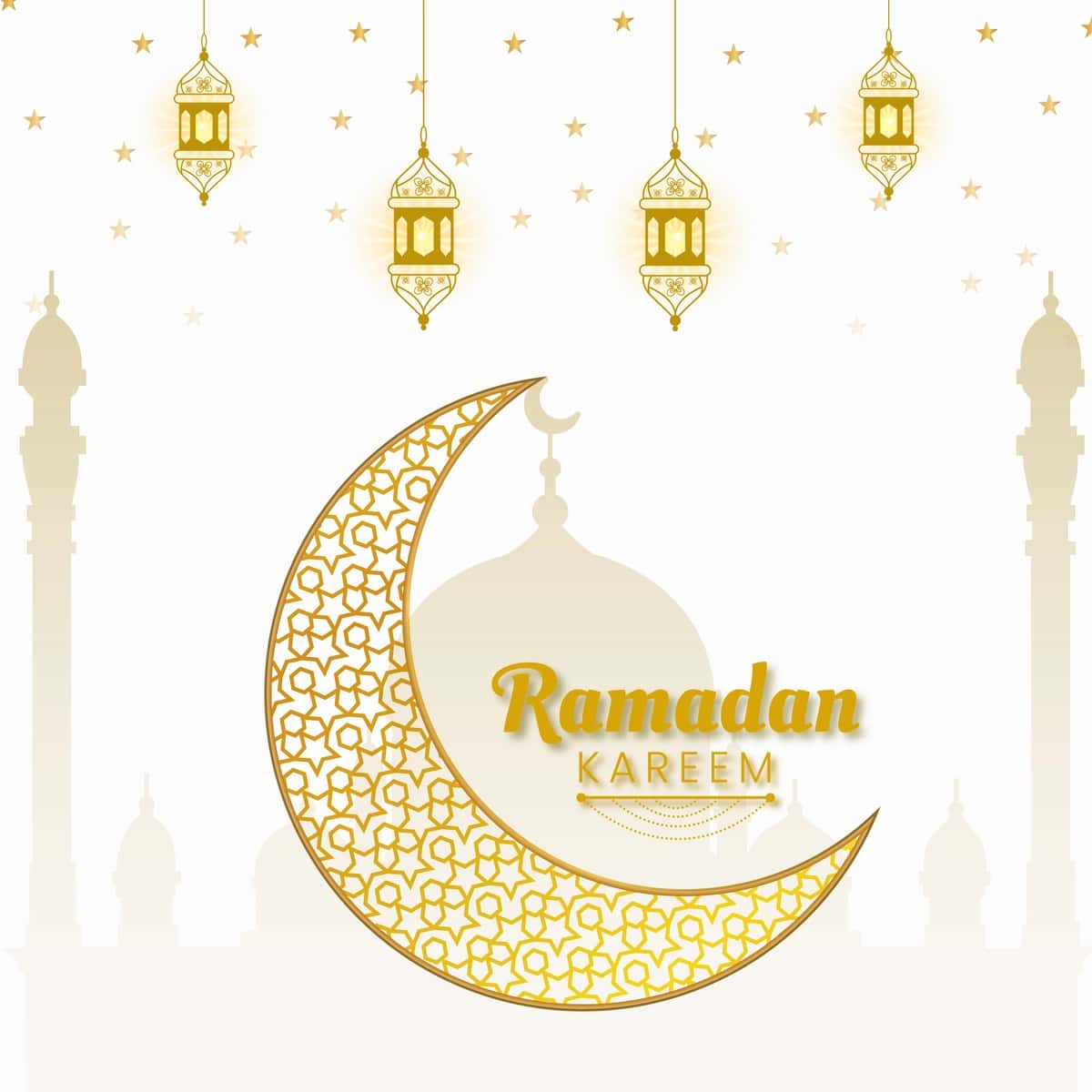 Oq rangli fonda oy yulduz lampalari bilan Ramazon karim tilaklari dizayni | Ramadan kareem wishing design with moon star lamps white color background 1